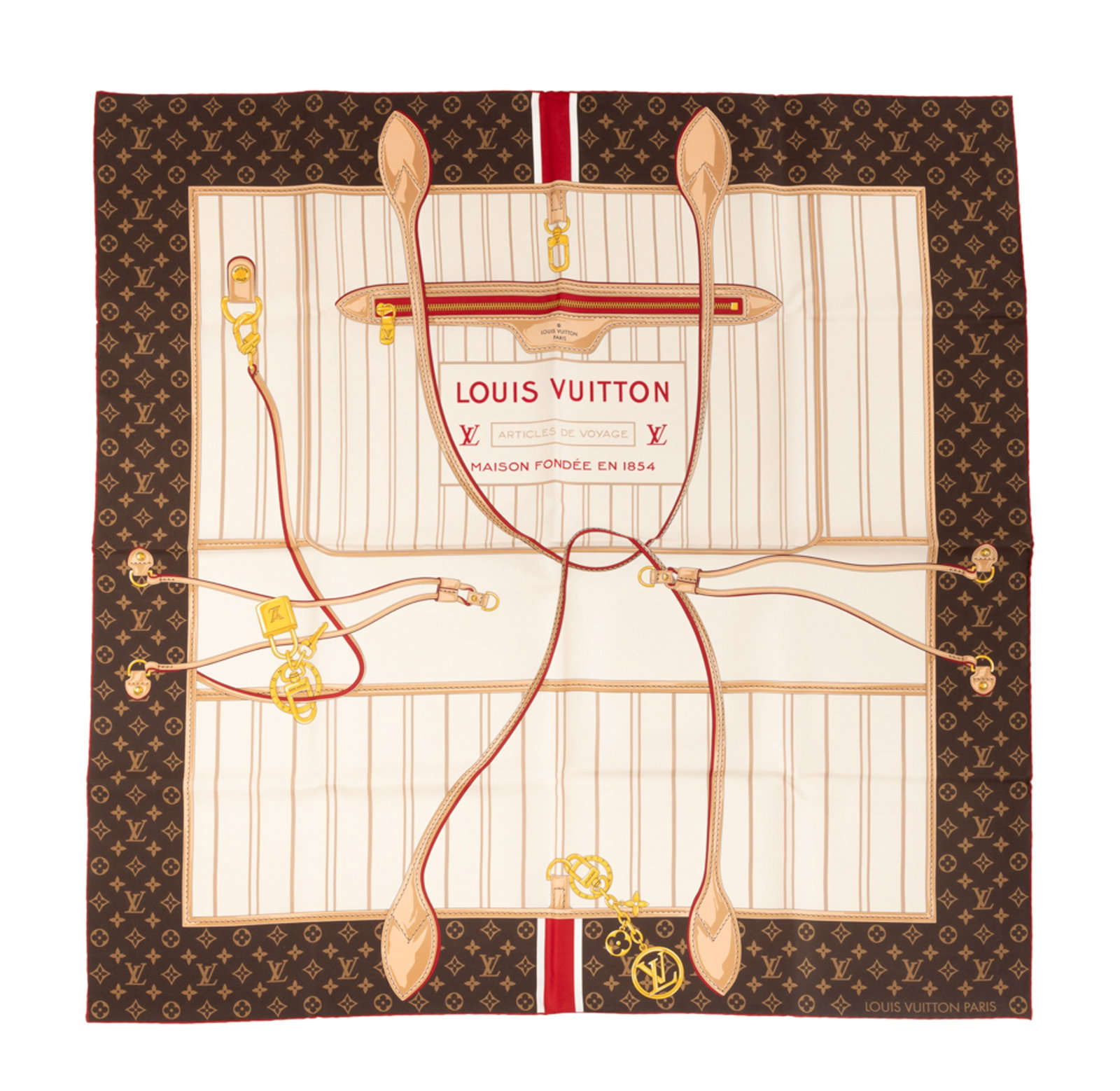 Louis Vuitton, carré en twill de soie imprimée: Neverfull, boîte, 90x90 cm: Louis Vuitton, carré en twill de soie imprimée: Neverfull, boîte, 90x90 cm