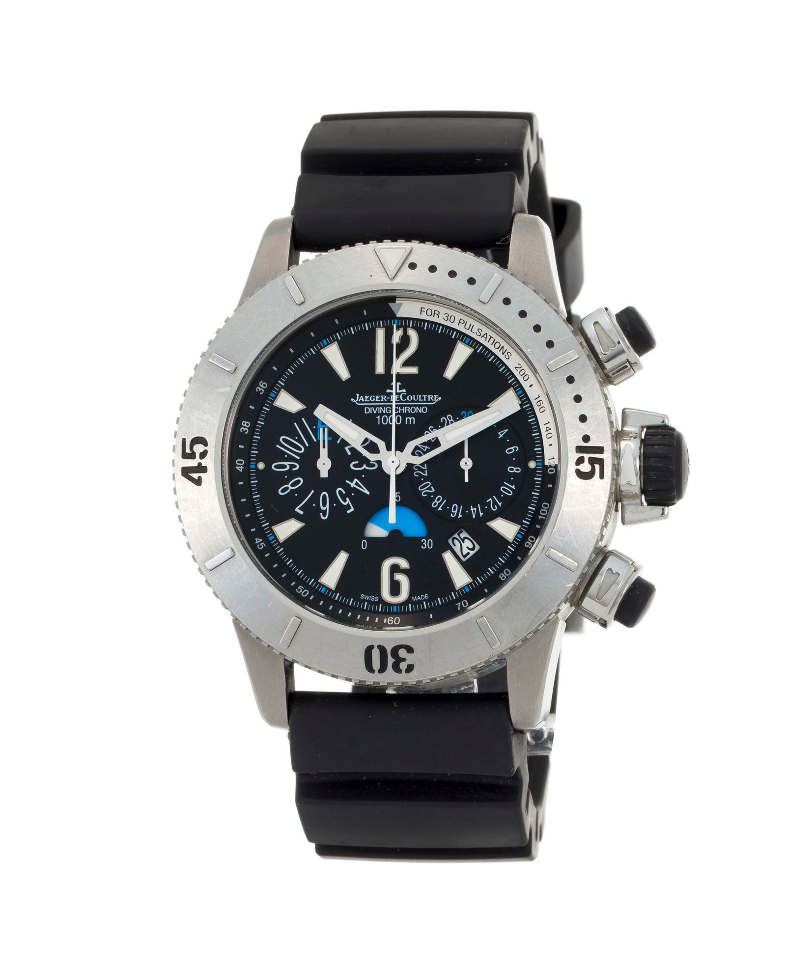 Jaeger-LeCoultre, Diving Chrono, réf. 160.T.25, montre chronographe en acier Mouvement: cal.: Jaeger-LeCoultre, Diving Chrono, réf. 160.T.25, montre chronographe en acier Mouvement: cal. 751D, automatique, 41 rubis, n°3515182 Boîtier: n°2465702, diam. 44 mm, lunette