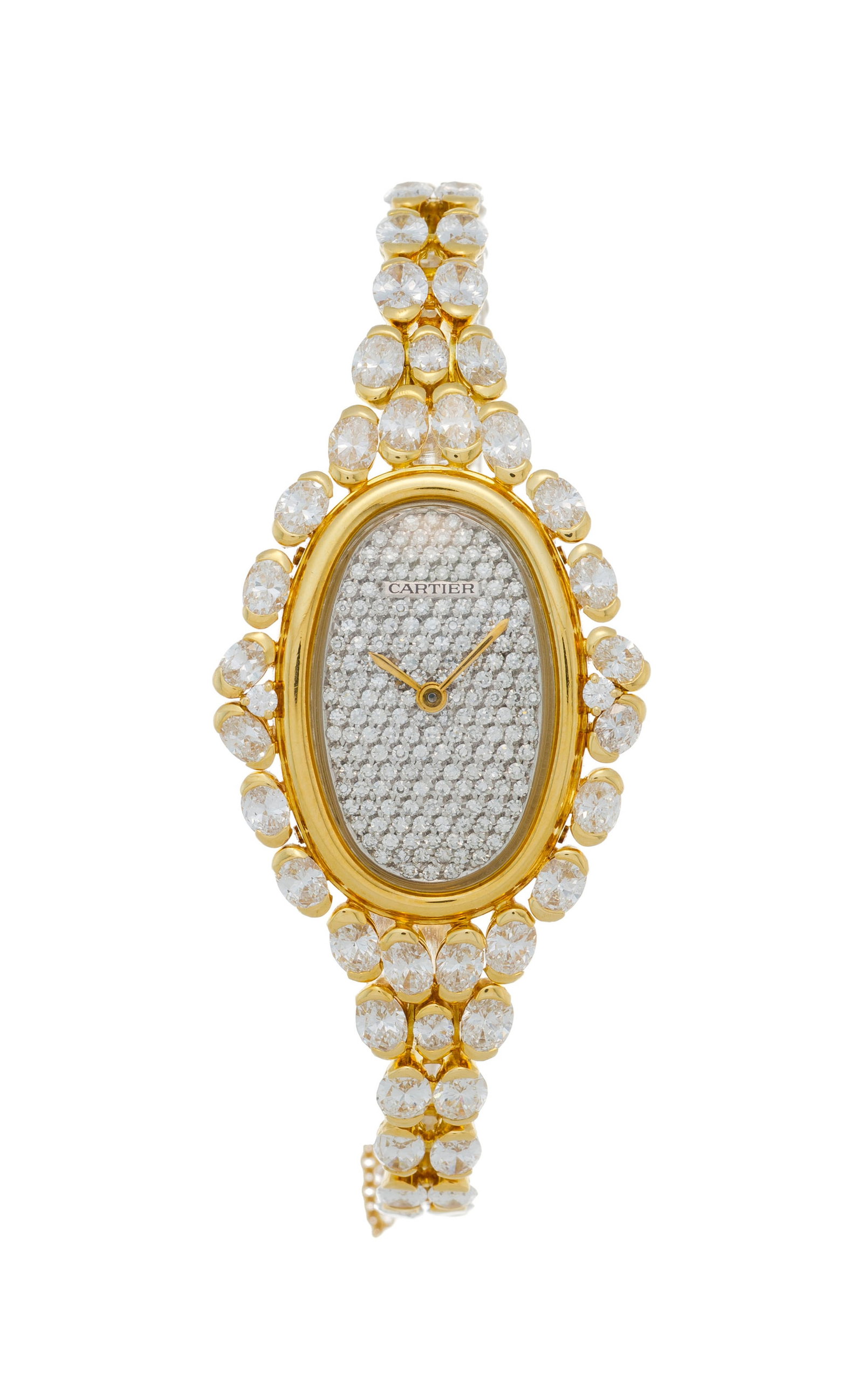 Cartier, Baignoire, réf. 7809, montre en or 750 pavée de diamants Mouvement: cal. 78-1, : Cartier, Baignoire, réf. 7809, montre en or 750 pavée de diamants Mouvement: cal. 78-1, mécanique, 17 rubis Boîtier: n°47794, larg. 27 mm Signature: cadran, mouvement, boî