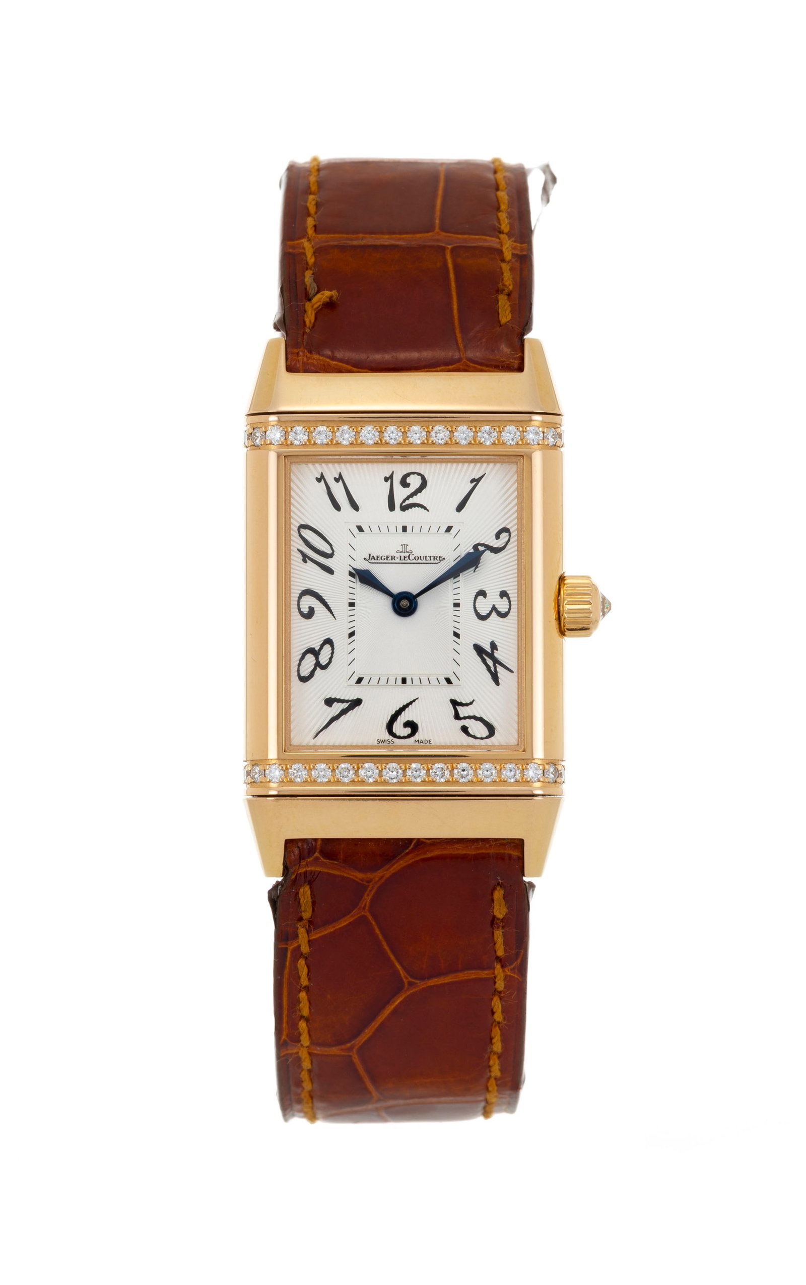 Jaeger-LeCoultre, Reverso Duetto, réf. 256.2.75, montre en or rose 750 sertie de diamants Mouv: Jaeger-LeCoultre, Reverso Duetto, réf. 256.2.75, montre en or rose 750 sertie de diamants Mouvement: cal. 969, mécanique Boîtier: n°2753656, larg. 23 mm Bracelet: croco marron