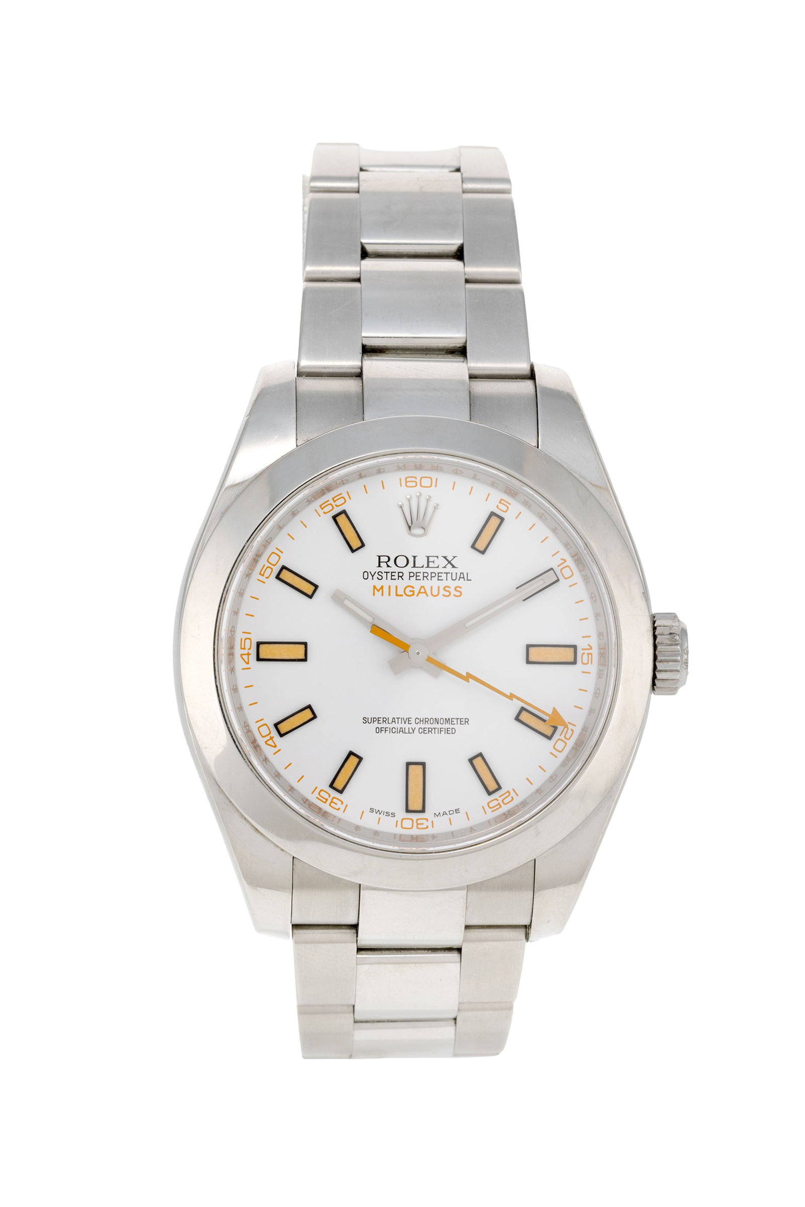 Rolex, Milgauss, réf. 116400/2380, montre-bracelet en acier, circa 2010 Mouvement: cal. 3131,: Rolex, Milgauss, réf. 116400/2380, montre-bracelet en acier, circa 2010 Mouvement: cal. 3131, automatique, 31 rubis, n°3 2500054 Boîtier: n°V144186, diam. 40 mm Bracelet Rolex: