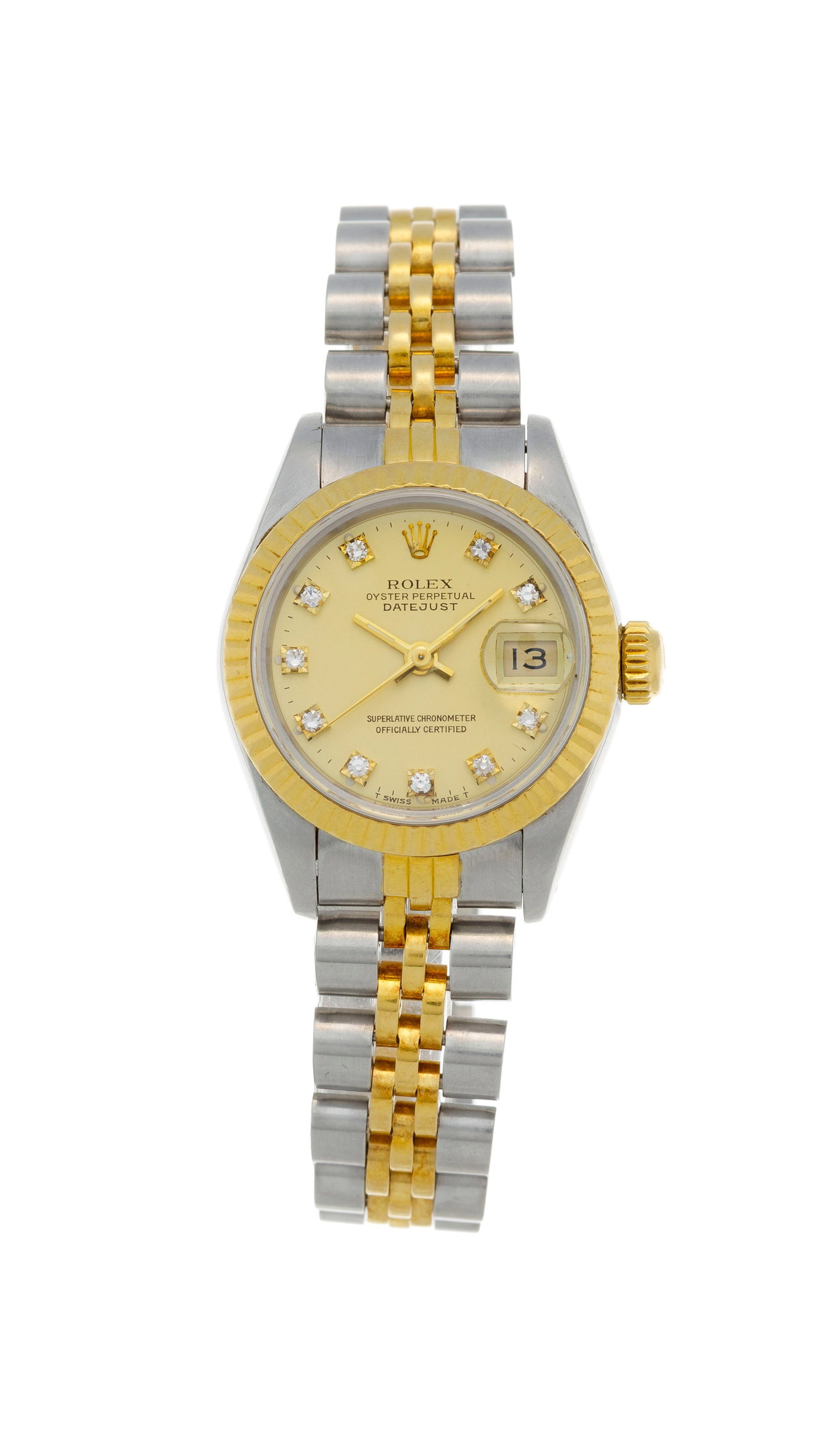 Rolex, Datejust, réf. 69173/69000A, montre-bracelet en acier et or avec index sertis de diamant: Rolex, Datejust, réf. 69173/69000A, montre-bracelet en acier et or avec index sertis de diamants, circa 1986 Mouvement: cal. 2135, automatique, 29 rubis, n°376203 Boîtier: