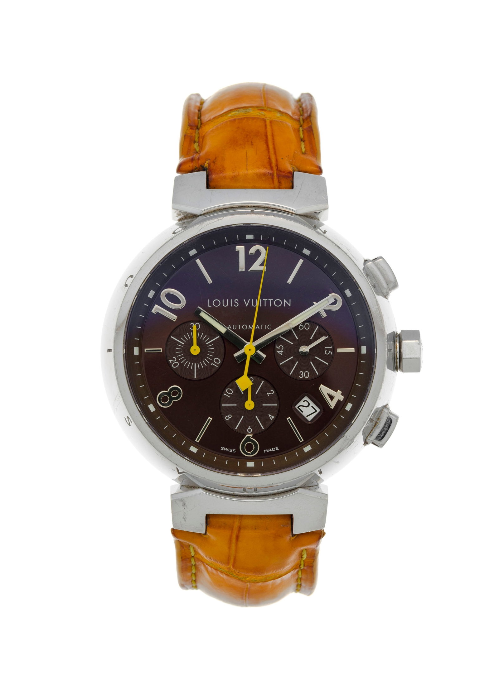 Louis Vuitton, Tambour, réf. Q1121, montre chronographe en acier Mouvement: cal. ETA 2894-2, : Louis Vuitton, Tambour, réf. Q1121, montre chronographe en acier Mouvement: cal. ETA 2894-2, automatique, 37 rubis Boîtier: n°DI 8714, diam. 41 mm Complications: chronographe à 2 c
