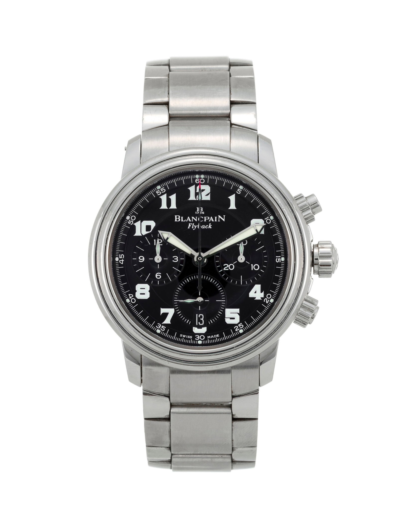 Blancpain, Flyback, montre-bracelet chronographe en acier avec retour en vol Mouvement: cal. F185,: Blancpain, Flyback, montre-bracelet chronographe en acier avec retour en vol Mouvement: cal. F185, automatique, 37 rubis Boîtier: n°6456, diam. 38 mm Complications: chronographe à 2 com