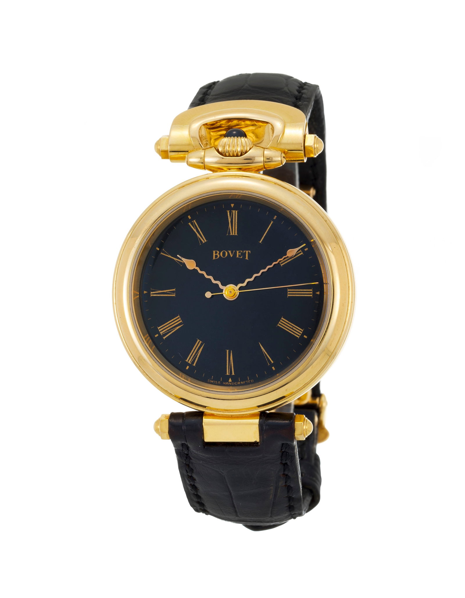 Bovet, réf. D810.0, montre en or 750, circa 2003 Mouvement: automatique, 25 rubis Bo: Bovet, réf. D810.0, montre en or 750, circa 2003 Mouvement: automatique, 25 rubis Boîtier: n°003868, diam. 39 mm, fond en verre laissant apparaître le mouvement Bracelet Bovet: