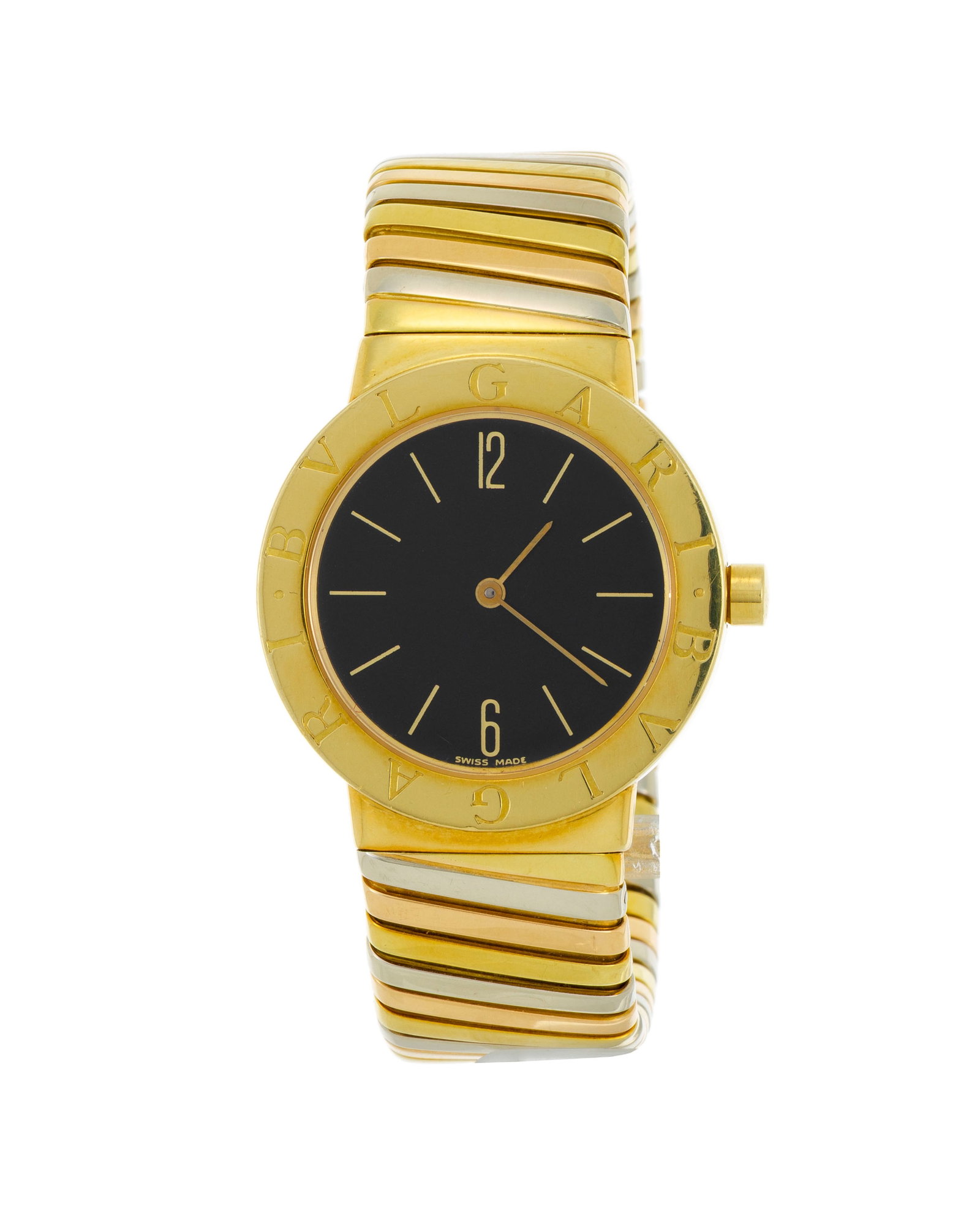 Bulgari, réf. BB 30 2T, montre-bracelet tubogas 3 ors 750, années 1990-2000 Mouvement: c: Bulgari, réf. BB 30 2T, montre-bracelet tubogas 3 ors 750, années 1990-2000 Mouvement: cal. ETA 956.032, quartz, 7 rubis Boîtier: n°P.20242, diam. 30 mm Signature: boîtier,