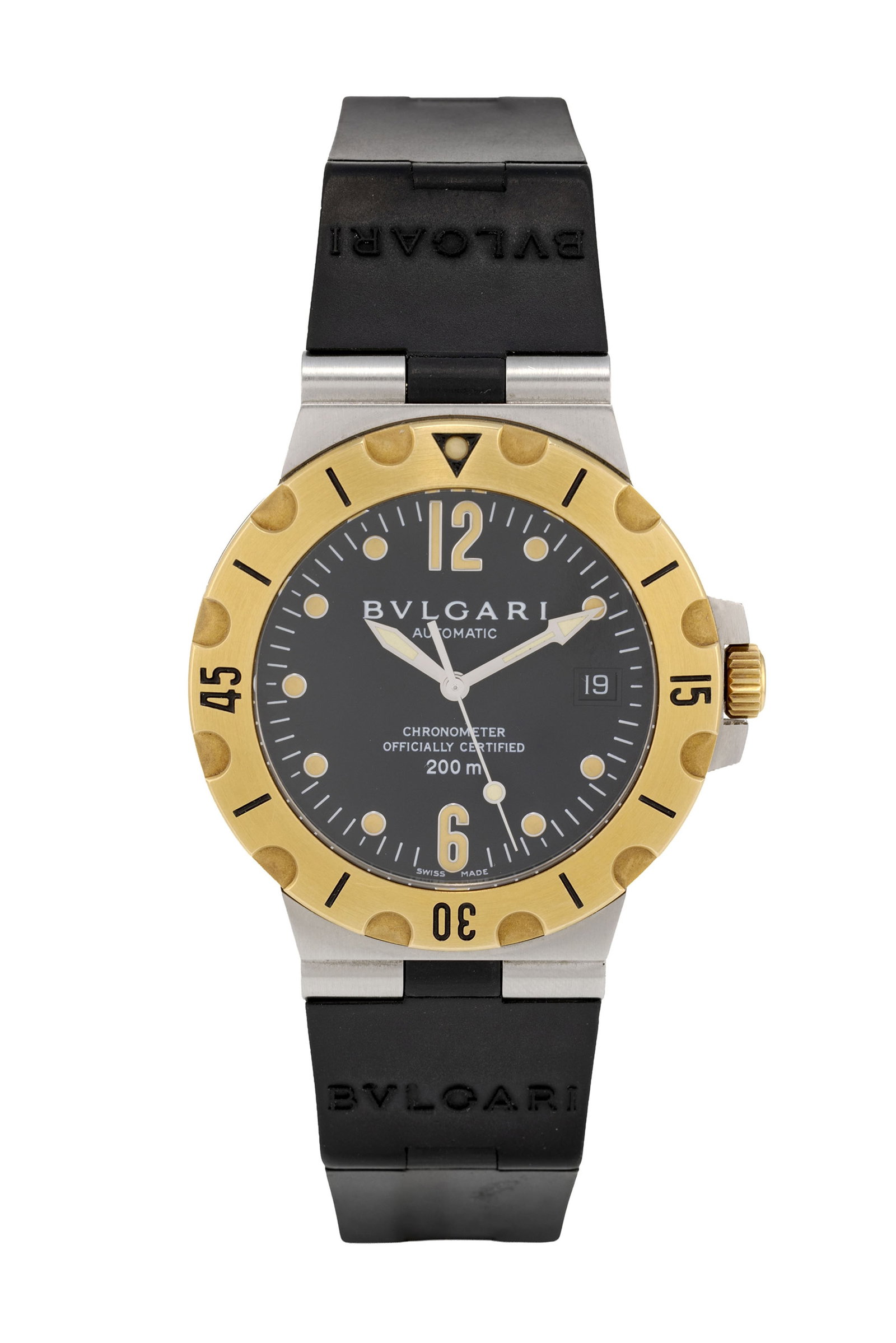 Bulgari, Diagono, réf. SD 38 SG, montre en acier et or avec indication de la date Mouvement: : Bulgari, Diagono, réf. SD 38 SG, montre en acier et or avec indication de la date Mouvement: cal. 220-MBBL, automatique, 21 rubis Boîtier: n°D1873/982, diam. 38 mm, lunette tournante