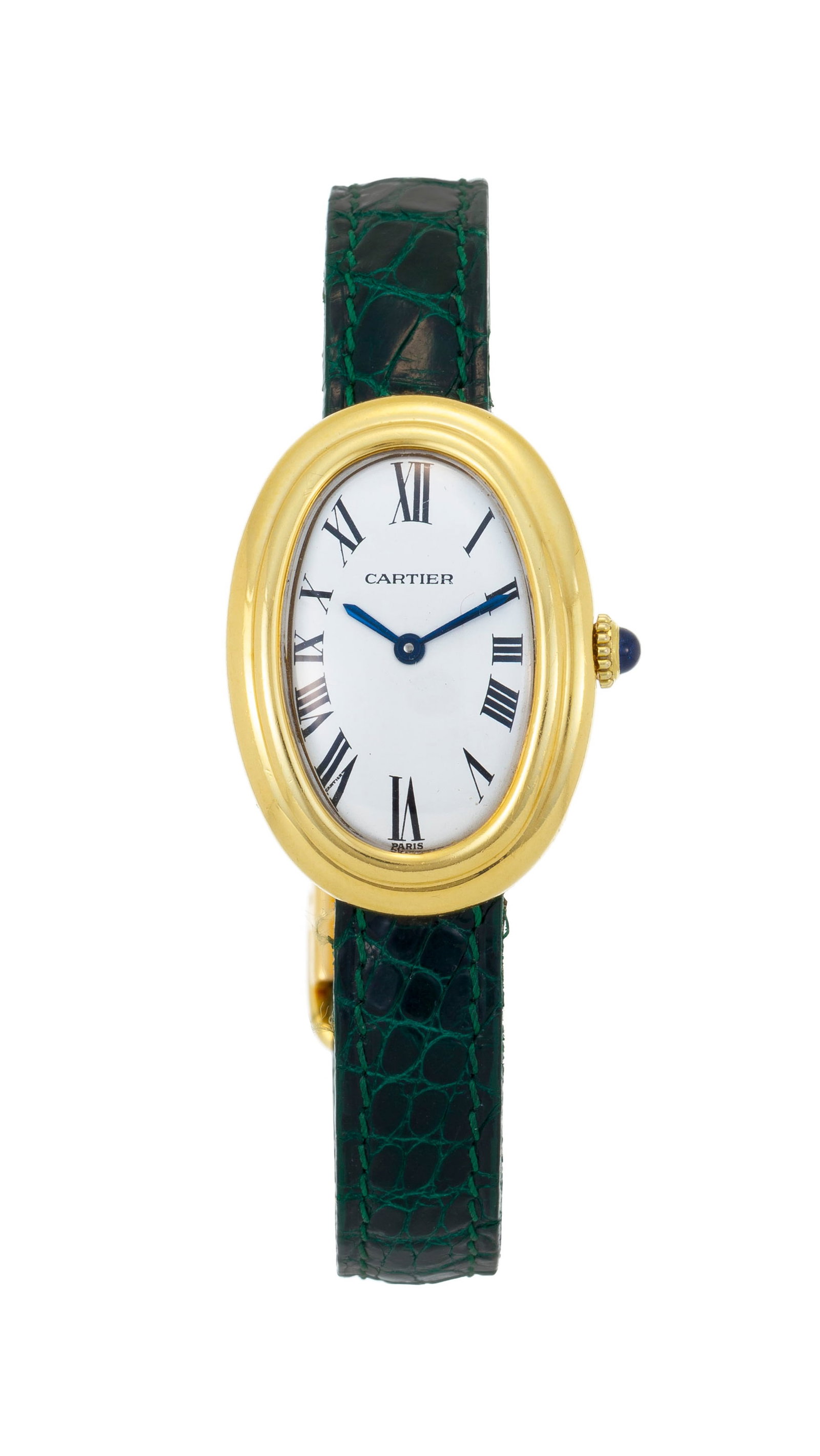 Cartier, Baignoire, réf. 7809, montre en or 750, années 1980 Mouvement: mécanique, : Cartier, Baignoire, réf. 7809, montre en or 750, années 1980 Mouvement: mécanique, 17 rubis Boîtier: n°44504, larg. 22 mm Bracelet Cartier: croco vert avec boucle déploya