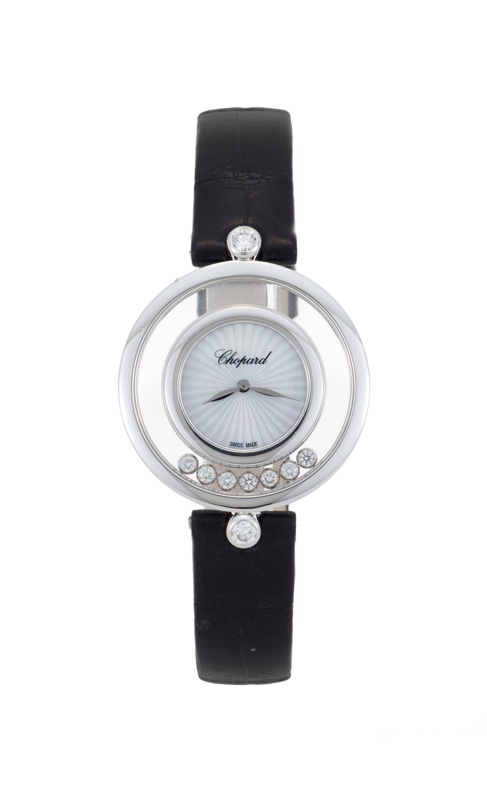 Chopard, Happy Diamonds, réf. 4596, montre en or gris 750 ornée d'un cadran en nacre et se: Chopard, Happy Diamonds, réf. 4596, montre en or gris 750 ornée d'un cadran en nacre et sertie de diamants dont 6 mobiles Mouvement: quartz, 5 rubis Boîtier: n°8011303, diam. 32