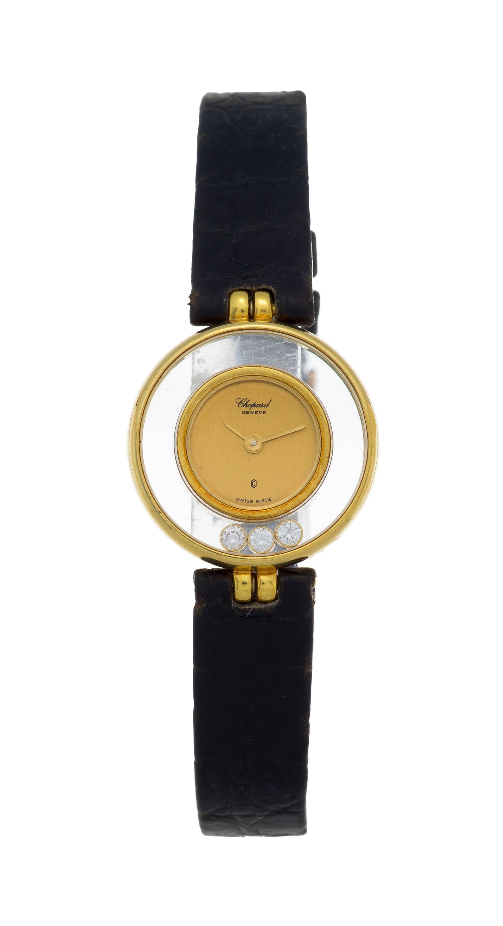 Chopard, Happy Diamond, réf. 4082, montre en or 750 ornée de 3 diamants mobiles, anné: Chopard, Happy Diamond, réf. 4082, montre en or 750 ornée de 3 diamants mobiles, années 1980-90 Mouvement: cal. ETA 201.001, quartz Boîtier: n°227382, diam. 21 mm Bracelet