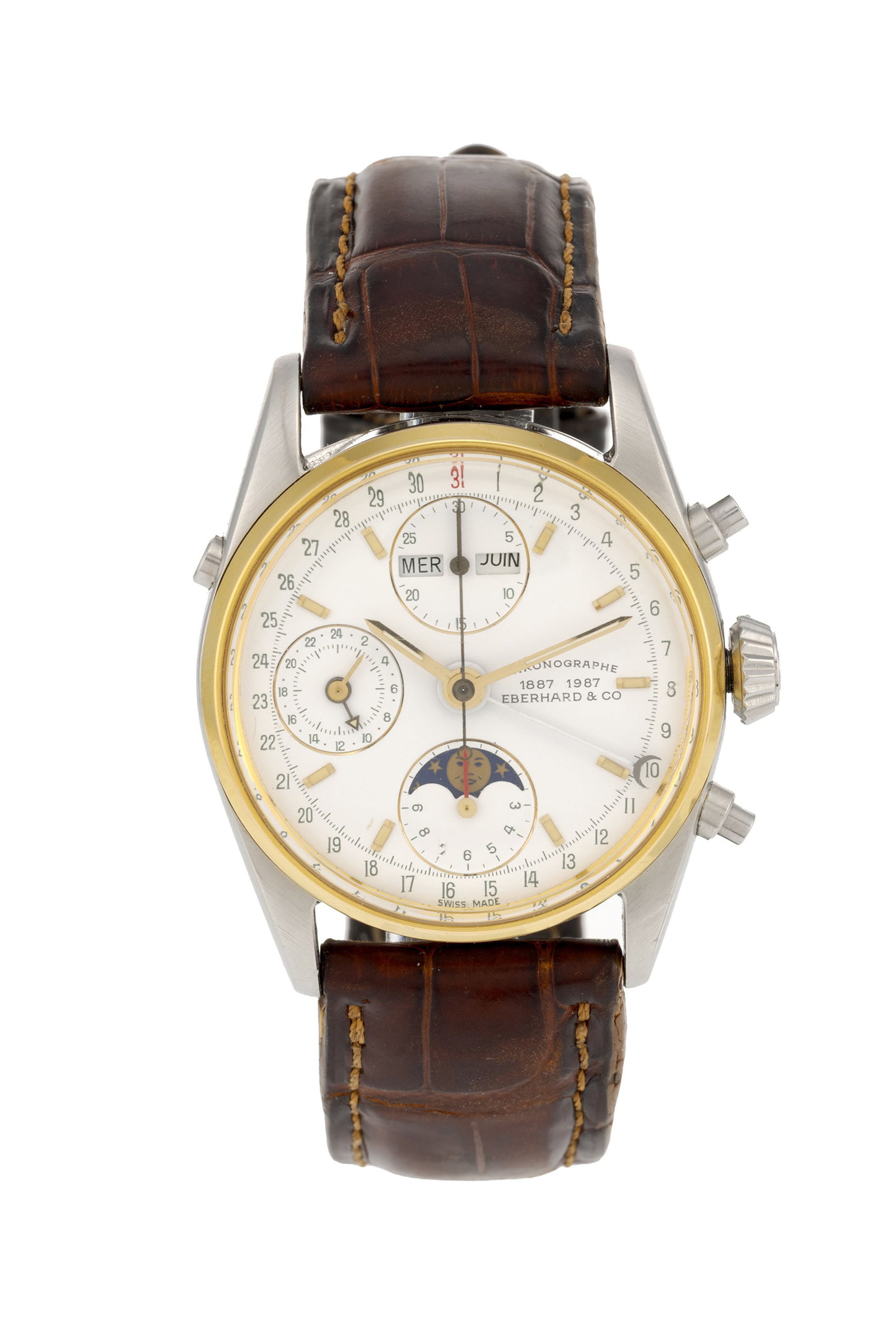 Eberhard & Co, Navy Master, montre chronographe en acier bicolore avec calendrier et phases de lune : Eberhard & Co, Navy Master, montre chronographe en acier bicolore avec calendrier et phases de lune Mouvement: cal. Valjoux 7751, automatique, 17 rubis Boîtier: n°32012/B6, diam. 35 mm