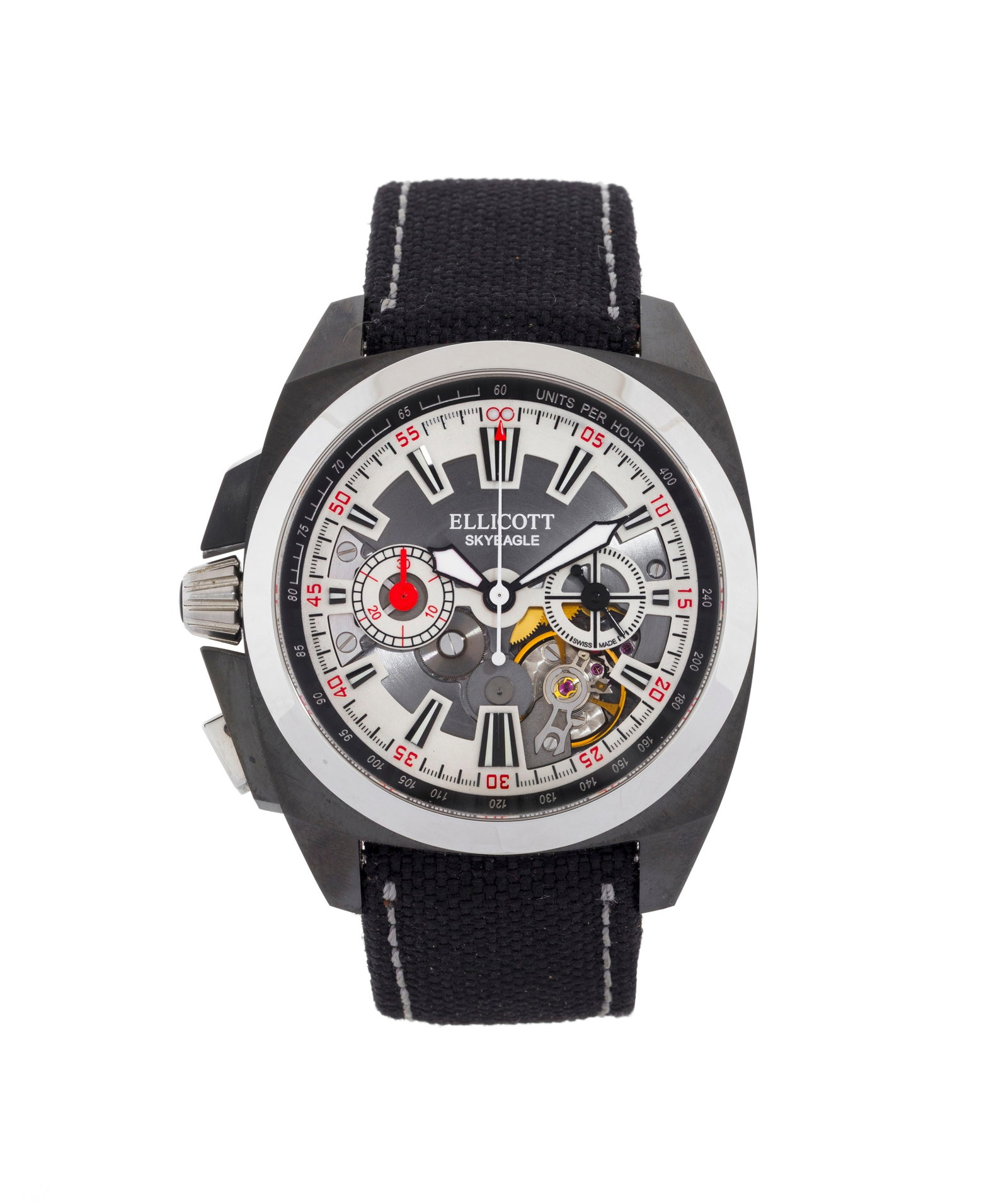 Ellicott, Skyeagle, montre chronographe monopoussoir en acier noirci partiellement squelette Mouve: Ellicott, Skyeagle, montre chronographe monopoussoir en acier noirci partiellement squelette Mouvement: cal. E.02.CH, automatique Boîtier: larg. 43 mm, fond en verre laissant apparaître le