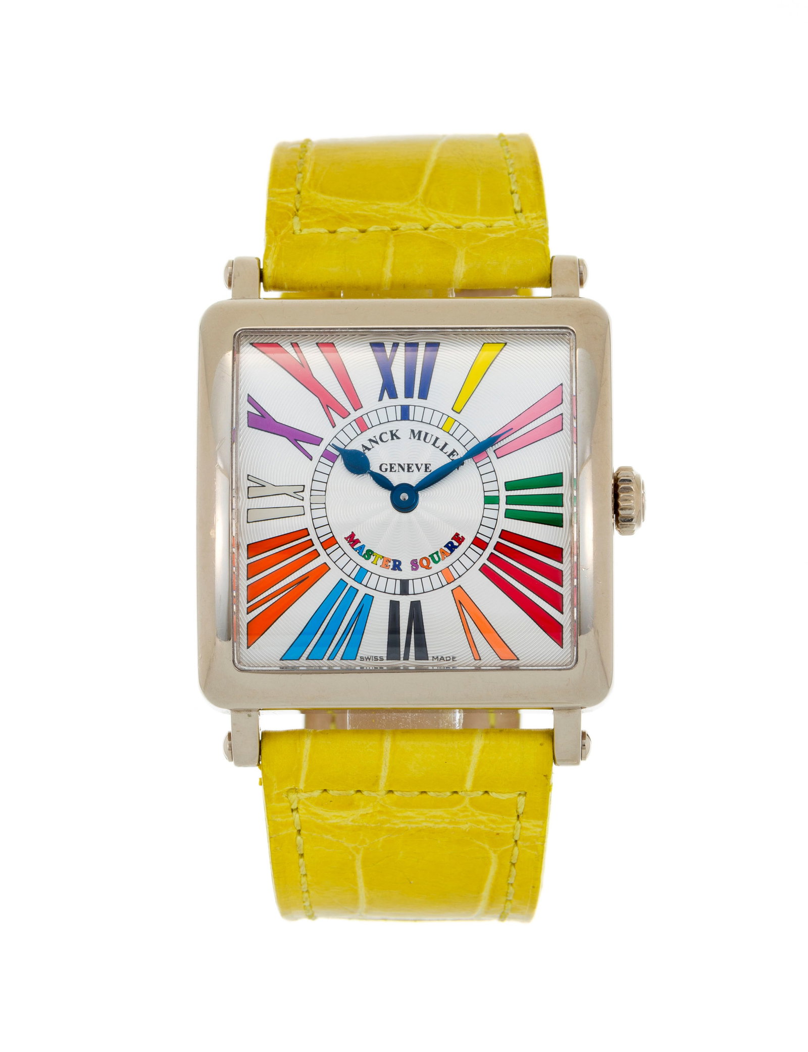 Franck Muller, Master Square Color Dreams, réf. 6002 M QZ R, montre en or gris 750 Mouvement: : Franck Muller, Master Square Color Dreams, réf. 6002 M QZ R, montre en or gris 750 Mouvement: cal. Ronda, quartz, 4 rubis Boîtier: n°91, larg. 33 mm Bracelet Franck Muller: croco jaune