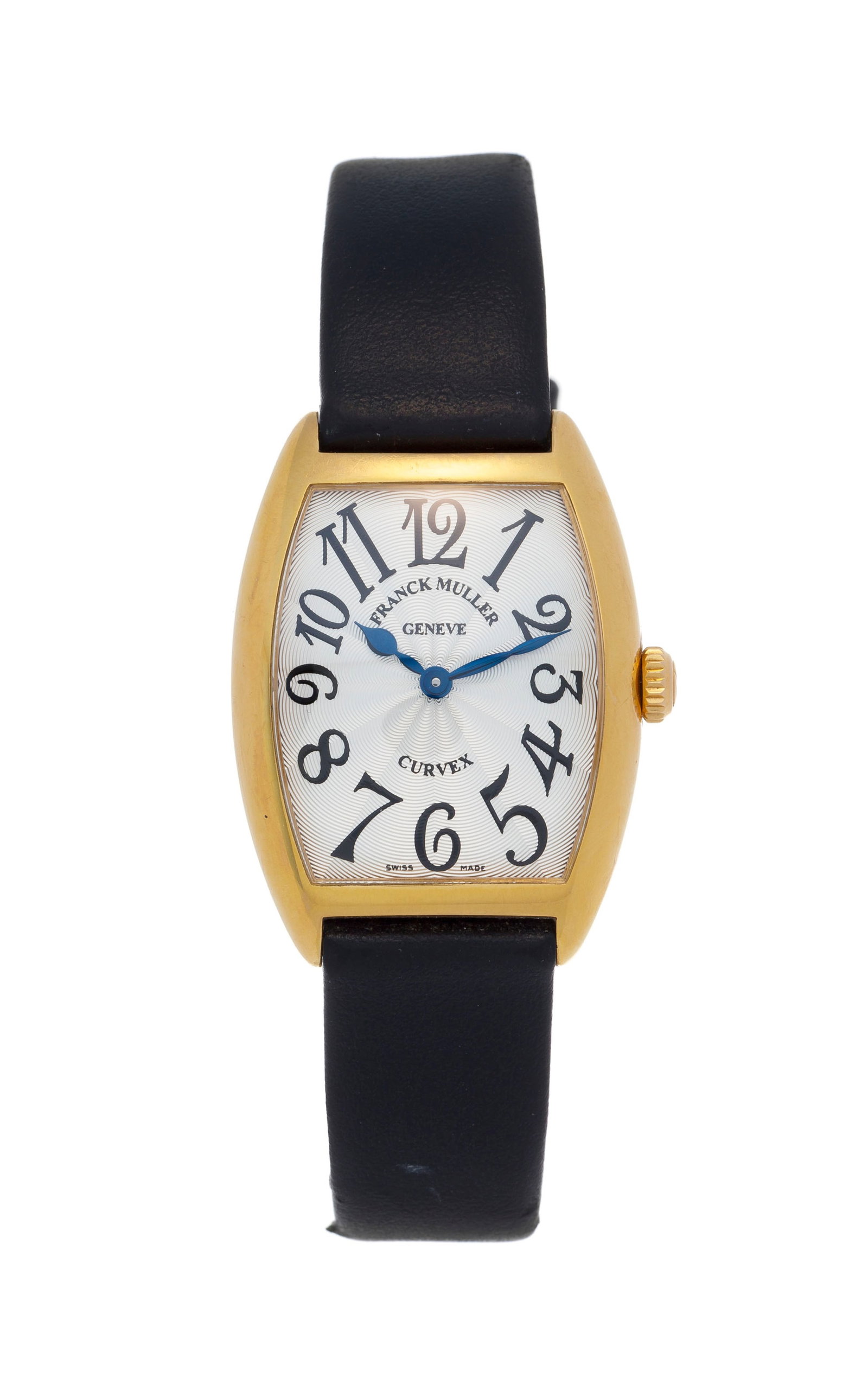 Franck Muller, Curvex, réf. 7502 QZ, montre en or rose 750, circa 2005 Mouvement: cal. ETA 95: Franck Muller, Curvex, réf. 7502 QZ, montre en or rose 750, circa 2005 Mouvement: cal. ETA 955.432, quartz, 7 rubis Boîtier: n°183, larg. 28 mm Bracelet: cuir noir avec boucle ardillon