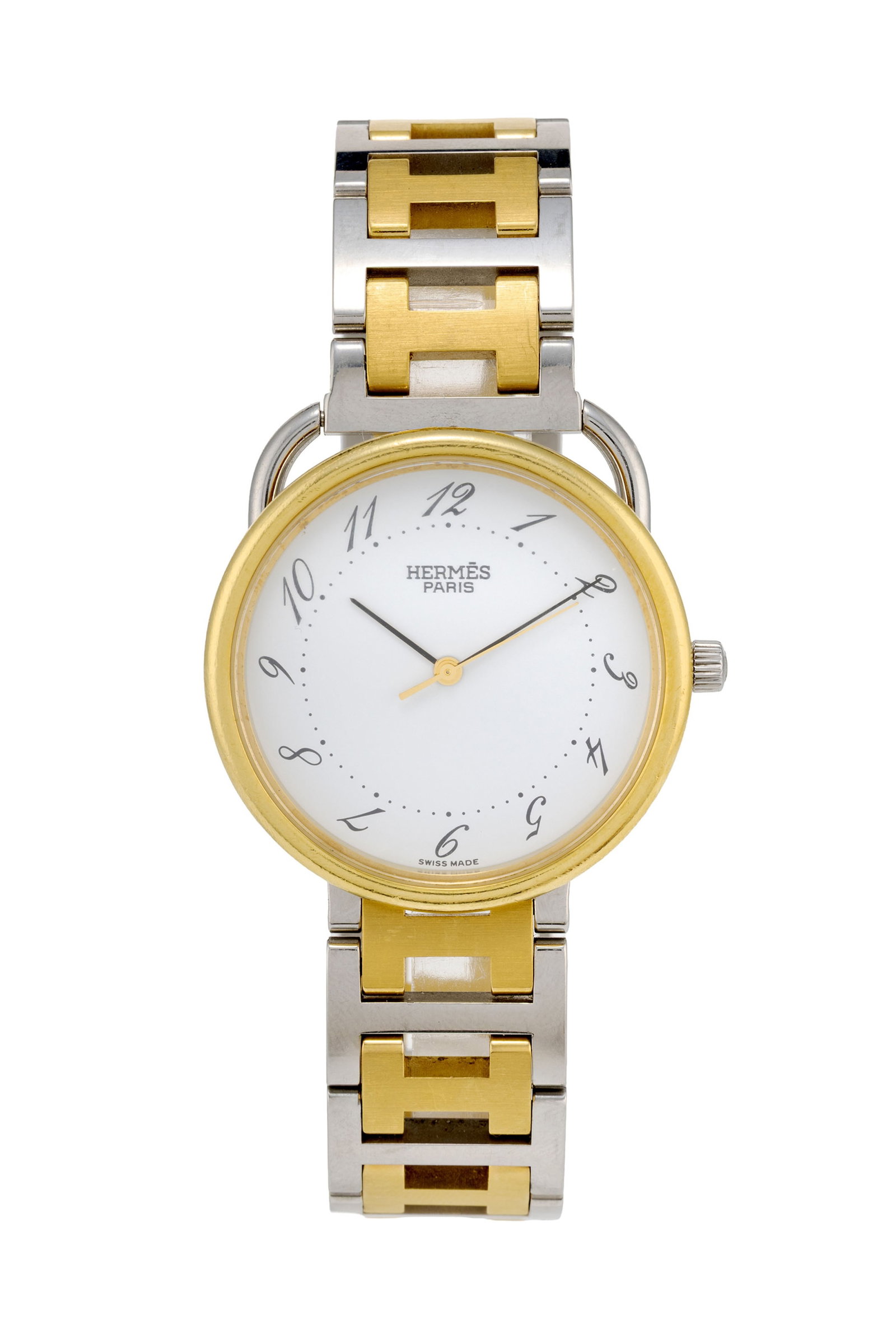 Hermès, montre-bracelet en acier bicolore Mouvement: cal. ETA 956.412, quartz, 7 rubis Bo&#: Hermès, montre-bracelet en acier bicolore Mouvement: cal. ETA 956.412, quartz, 7 rubis Boîtier: n°785787, diam. 34 mm Signature: cadran, mouvement, boîtier, bracelet Condition