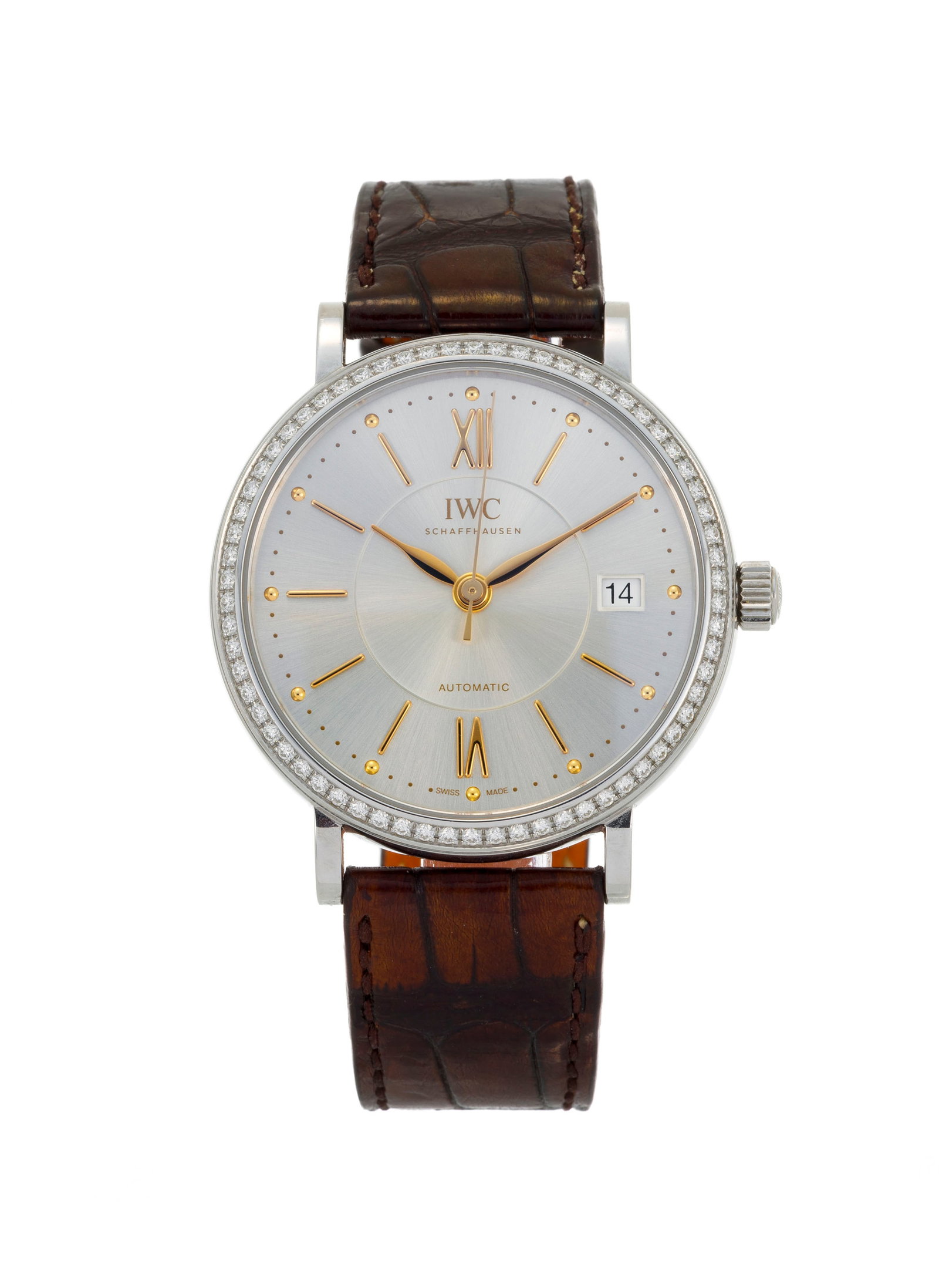 IWC, Portofino, réf. 458103, montre en acier sertie de diamants Mouvement: automatique Bo&#: IWC, Portofino, réf. 458103, montre en acier sertie de diamants Mouvement: automatique Boîtier: n°5307631, diam. 36 mm Complication: date à guichet Bracelet IWC: croco marron ave