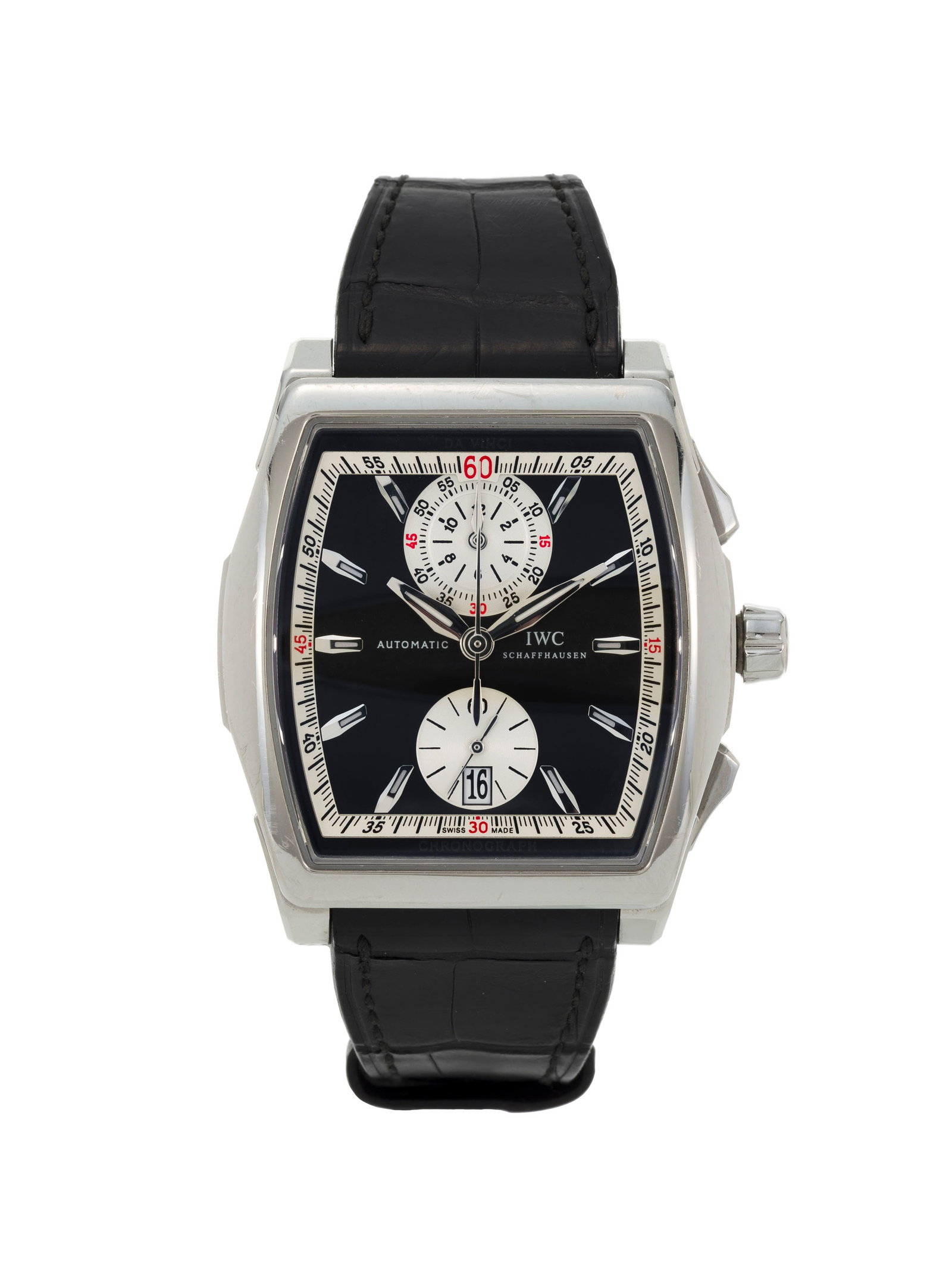 IWC, Da Vinci, montre chronographe en acier Mouvement: cal. 89360, automatique, 40 rubis, n°30: IWC, Da Vinci, montre chronographe en acier Mouvement: cal. 89360, automatique, 40 rubis, n°3002313 Boîtier: n°3367655, larg. 43 mm, fond en verre laissant apparaître le mouvement