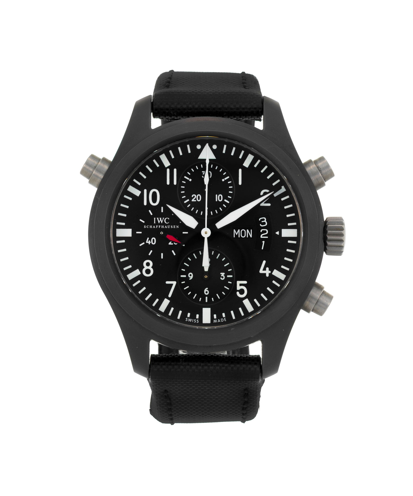IWC, Fliegeruhr, réf. 3786, Ed. Limitée n°0673/1000, montre chronographe à rattr: IWC, Fliegeruhr, réf. 3786, Ed. Limitée n°0673/1000, montre chronographe à rattrapante en céramique noire et acier avec indication du jour et de la date Mouvement: cal.
