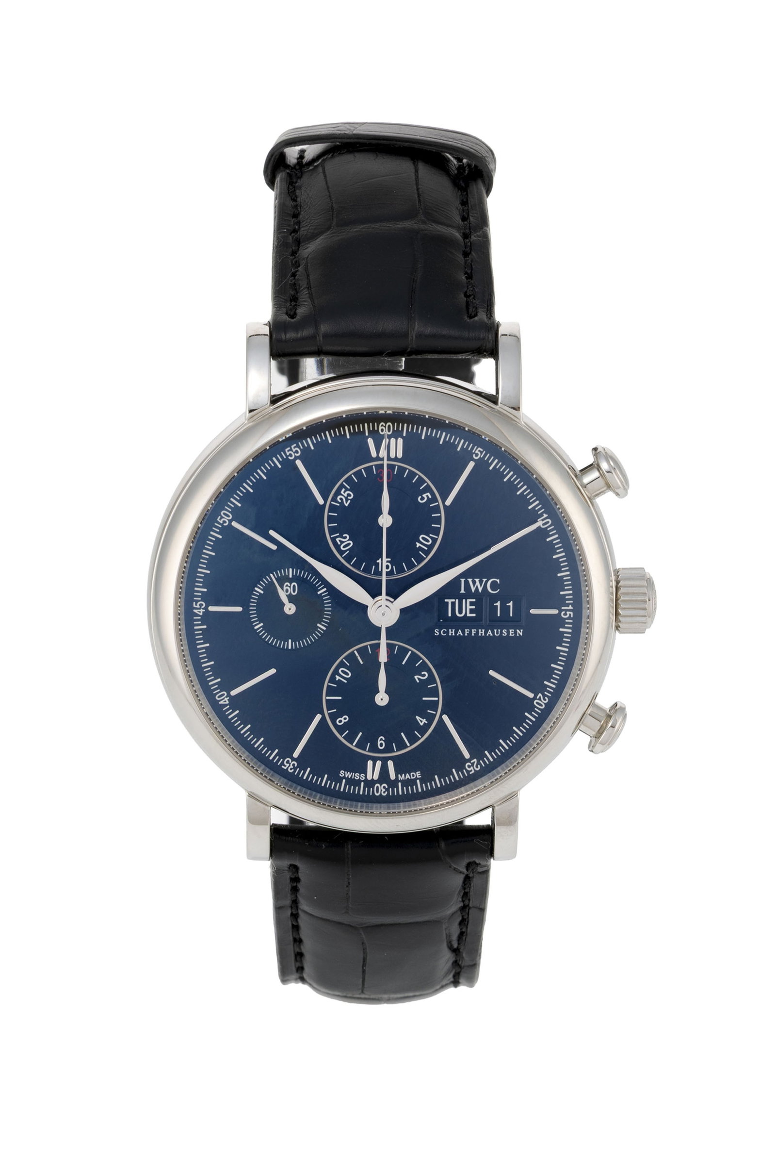 IWC, Portofino, réf. IW391008, montre chronographe en acier Mouvement: cal. 75320, automatiqu: IWC, Portofino, réf. IW391008, montre chronographe en acier Mouvement: cal. 75320, automatique, 25 rubis, n°3938638 Boîtier: n°5360442, diam. 41 mm Complications: chronographe
