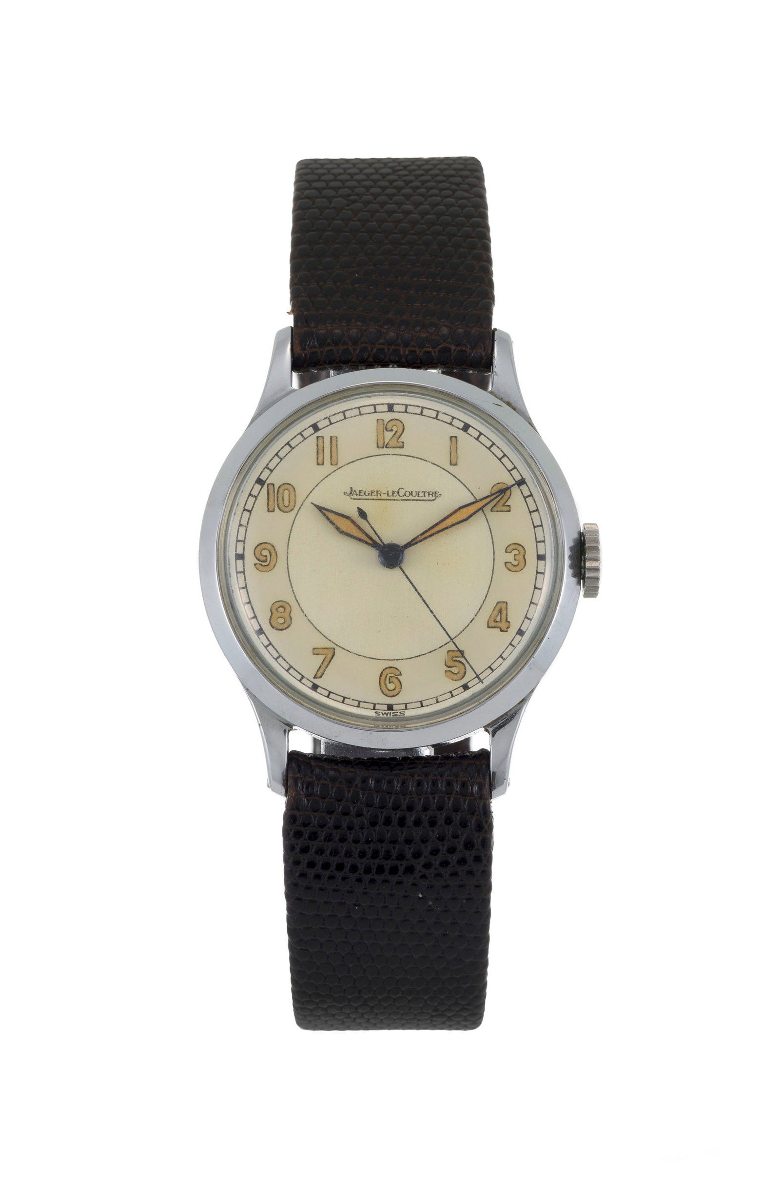 Jaeger-LeCoultre, montre en acier, années 1940 Mouvement: cal. P478, mécanique, n°4: Jaeger-LeCoultre, montre en acier, années 1940 Mouvement: cal. P478, mécanique, n°411128 Boîtier: n°361257, diam. 31 mm Bracelet: lézard marron foncé Signature: