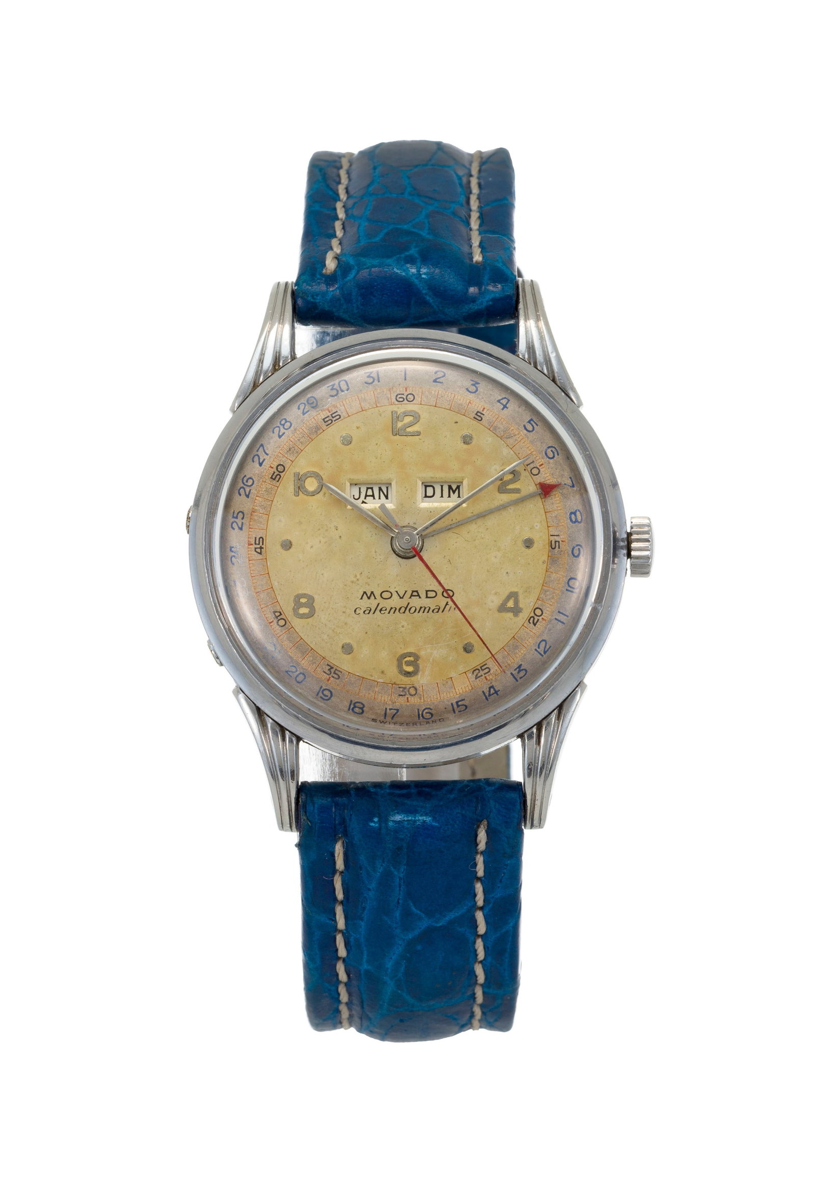 Movado, réf. 16207, montre en acier avec calendrier, années 1940-50 Mouvement: méca: Movado, réf. 16207, montre en acier avec calendrier, années 1940-50 Mouvement: mécanique, 17 rubis Boîtier: n°252653, diam. 35 mm Complications: jour et mois à guichet,