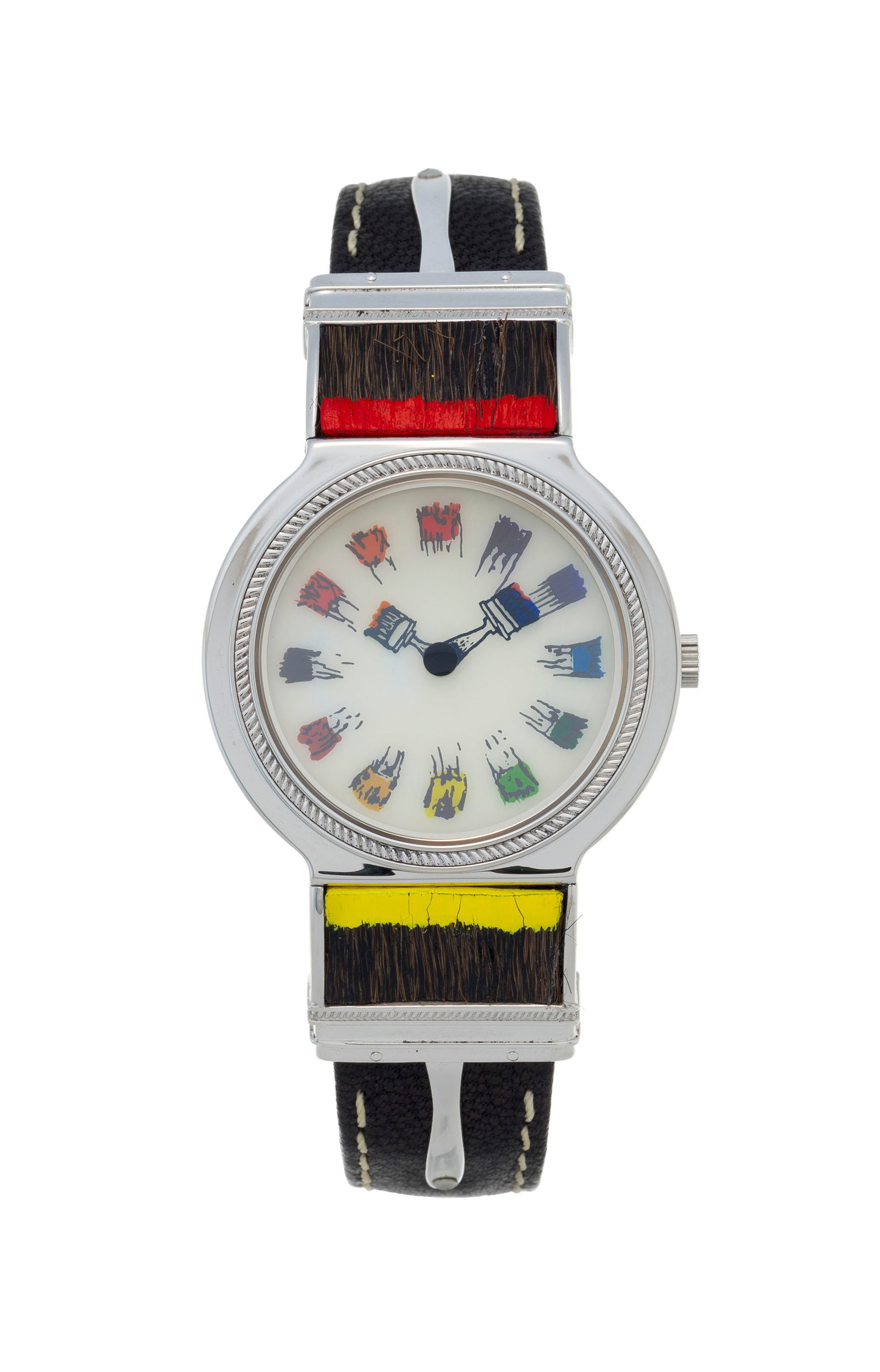 Arman pour Movado, The Color of Time, réf. 90.35.860\. Ed. Limitée n°092/180, montre : Arman pour Movado, The Color of Time, réf. 90.35.860. Ed. Limitée n°092/180, montre en argent à décor de pinceaux, circa 1990 Mouvement: cal. ETA 7001, mécanique, 17