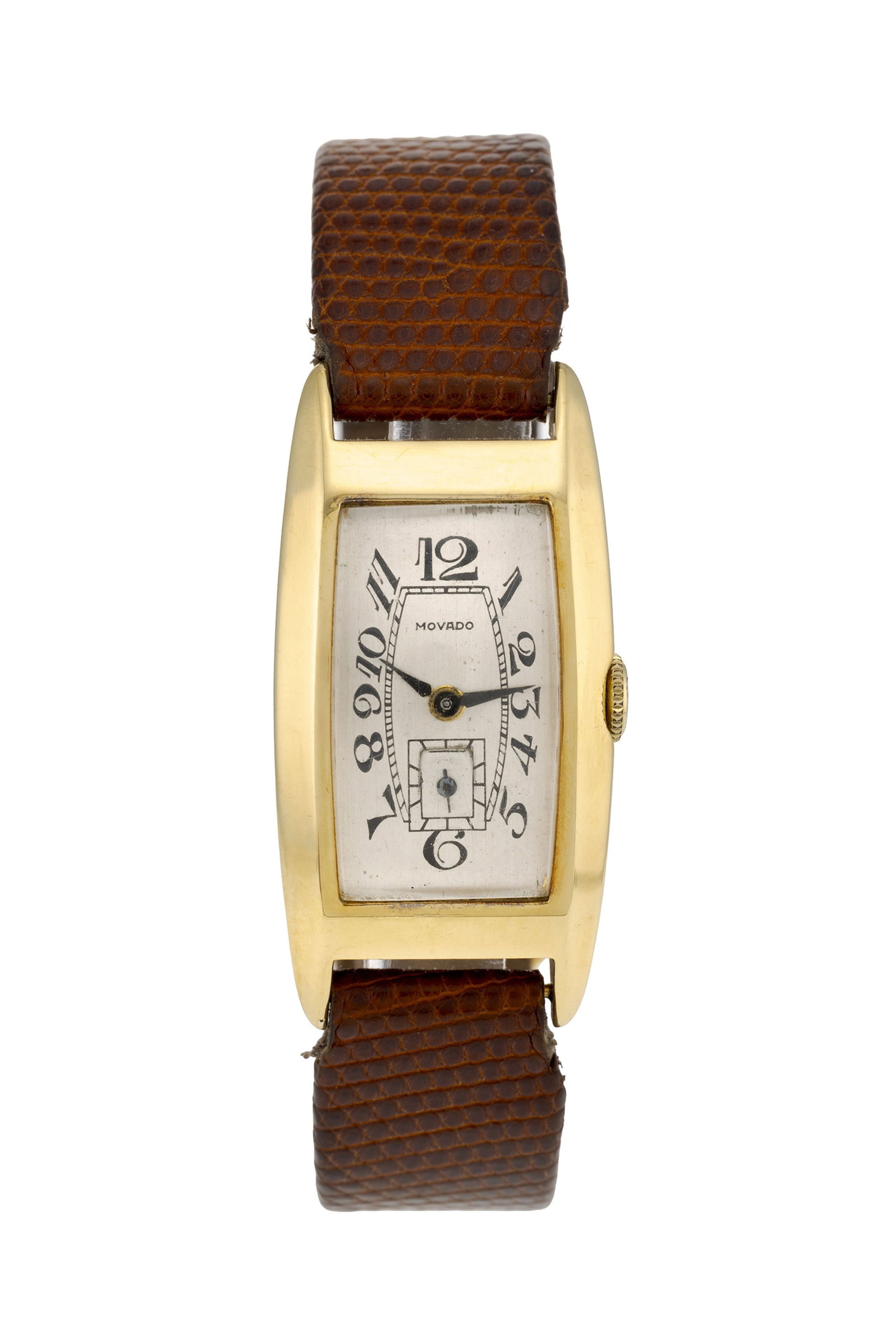 Movado, montre petite seconde en or 750, années 1940 Mouvement: cal. 440, mécanique, 16 : Movado, montre petite seconde en or 750, années 1940 Mouvement: cal. 440, mécanique, 16 rubis Boîtier: n°447552/2239, larg. 21 mm Bracelet: lézard brun Signature: cadran, mouv
