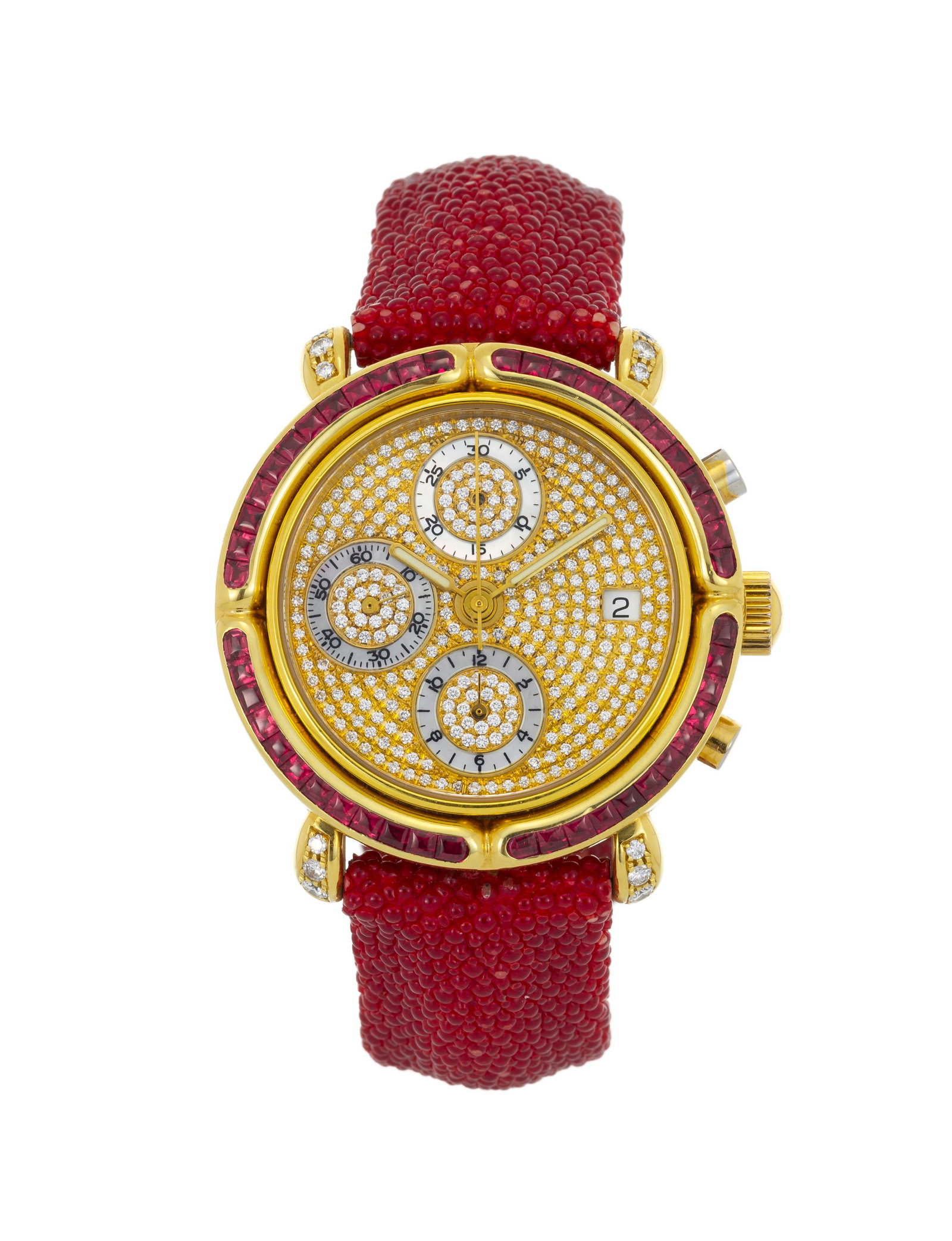 Nemesis, Pièce Unique, montre chronographe en or 750 sertie de diamants et de rubis Mouvemen: Nemesis, Pièce Unique, montre chronographe en or 750 sertie de diamants et de rubis Mouvement: cal. 7750, automatique Boîtier: diam. 40 mm, fond en verre laissant apparaître le