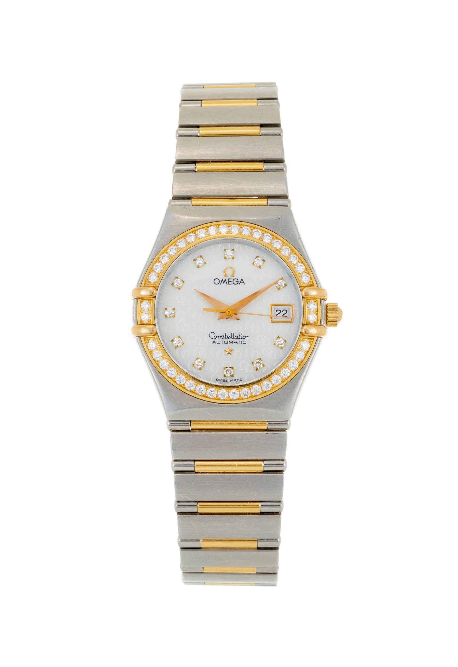 Omega, Constellation 50 Years, montre-bracelet acier et or sertie de diamants Mouvement: automatiqu: Omega, Constellation 50 Years, montre-bracelet acier et or sertie de diamants Mouvement: automatique Boîtier: n°59657740, diam. 28 mm Complication: date à guichet Signature: cadran,