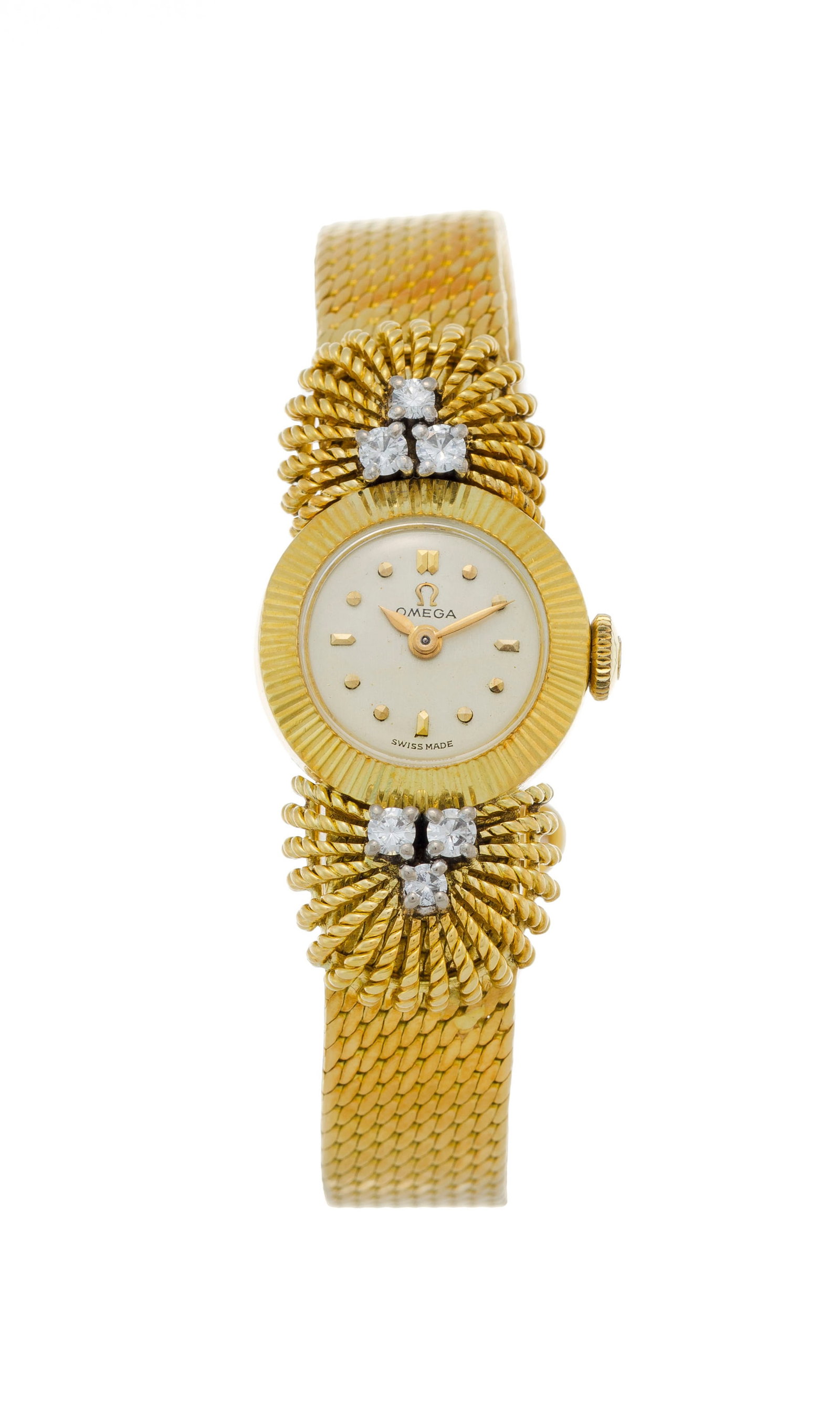 Omega, montre-bracelet en or 750 sertie de diamants taille brillant, années 1950-60 Mouvement:: Omega, montre-bracelet en or 750 sertie de diamants taille brillant, années 1950-60 Mouvement: cal. 212, mécanique, 17 rubis, n°13167130 Boîtier: n°7005/11199720, diam. 17 mm