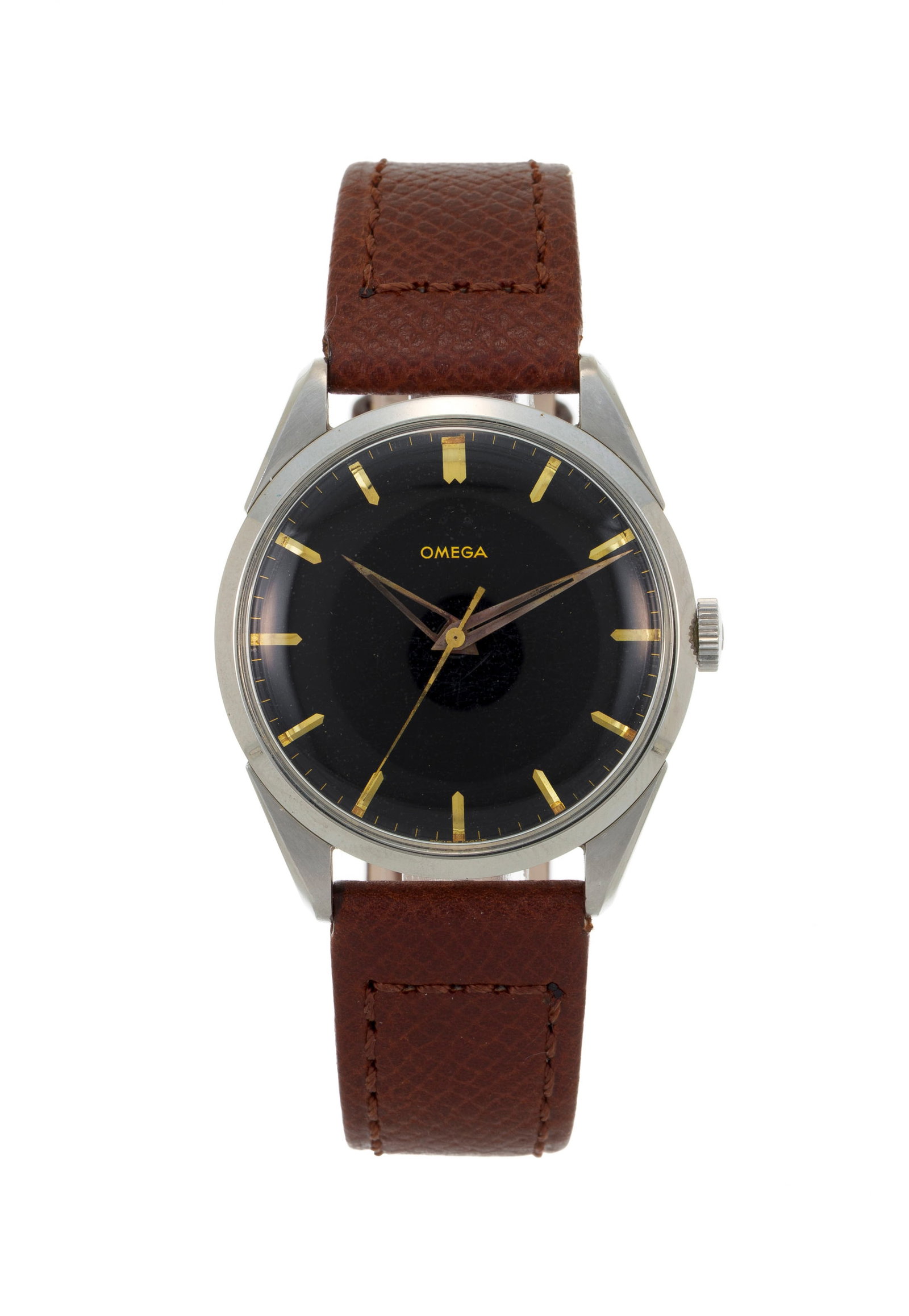 Omega, réf. 2910-9 SC, montre en acier, années 1950-60 Mouvement: cal. 284, mécaniq: Omega, réf. 2910-9 SC, montre en acier, années 1950-60 Mouvement: cal. 284, mécanique, 17 rubis, n°17087026 Boîtier: diam. 34 mm Bracelet: cuir marron Signature: cadran, mouve