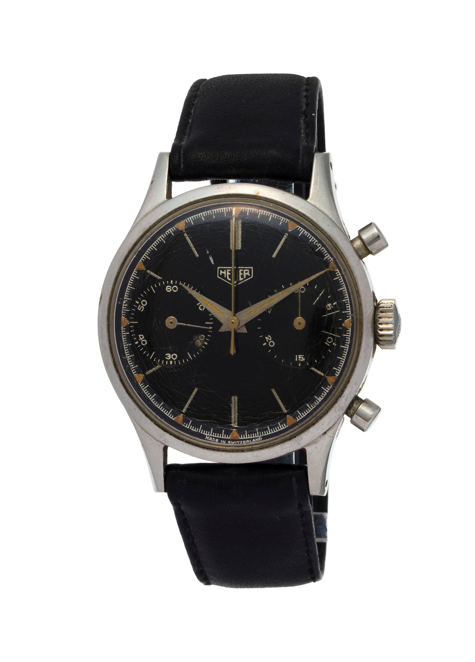 Heuer, montre chronographe en acier Mouvement: mécanique, 17 rubis, n°709240 Boît: Heuer, montre chronographe en acier Mouvement: mécanique, 17 rubis, n°709240 Boîtier: n°46229, diam. 37 mm Complication: chronographe à 1 compteur avec secondes au centre, com