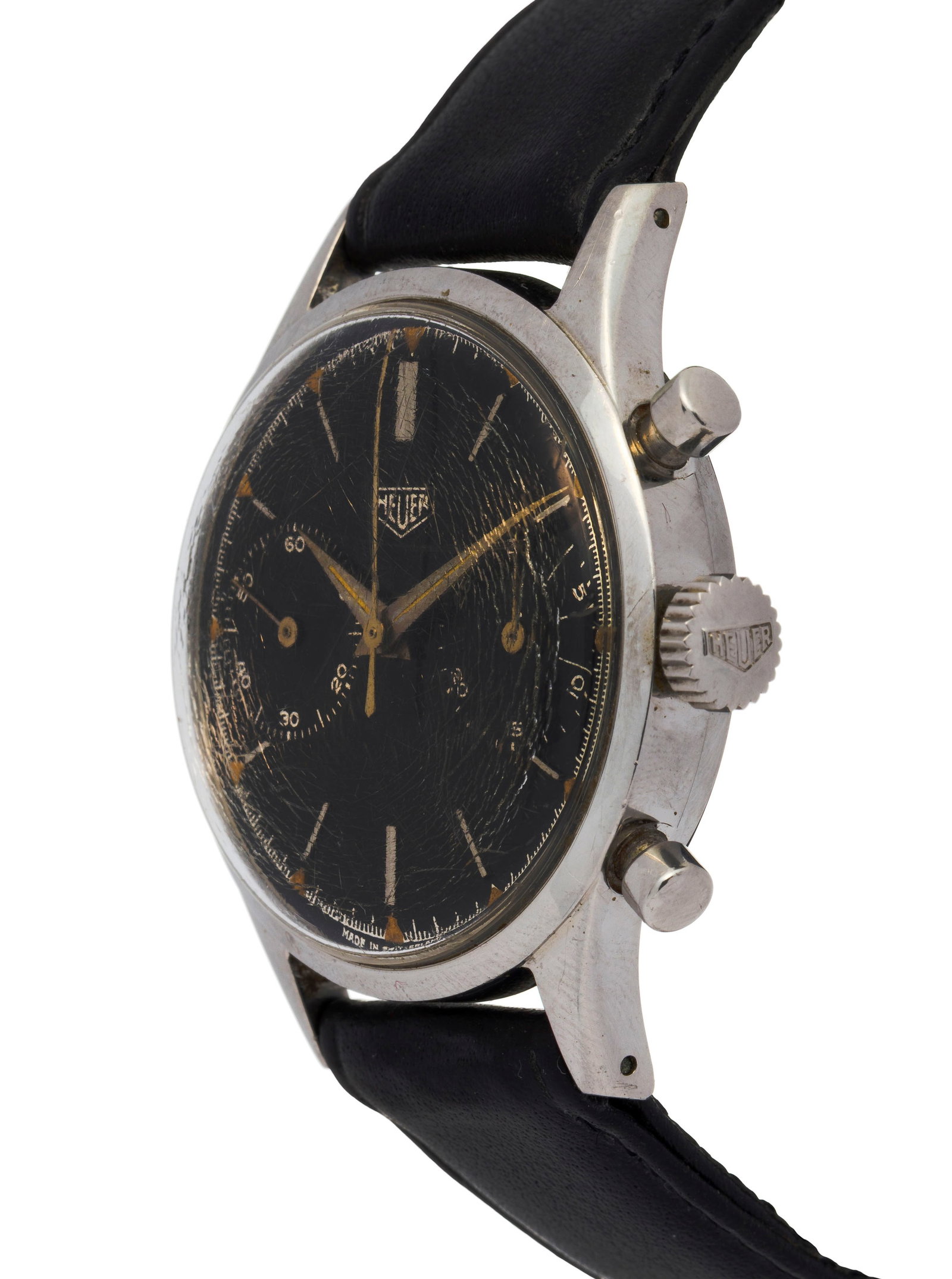 Heuer, montre chronographe en acier Mouvement: mécanique, 17 rubis, n°709240 Boît - 2