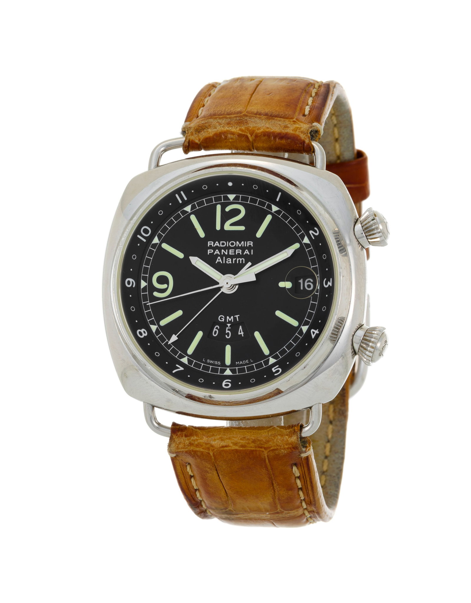 Panerai, Radiomir GMT Alarm, réf. OP 6563, Ed. Limitée n°E314/500, montre en acier av: Panerai, Radiomir GMT Alarm, réf. OP 6563, Ed. Limitée n°E314/500, montre en acier avec indication d'un deuxième fuseau horaire et de l'alarme Mouvement: cal. 59 P, automatique,