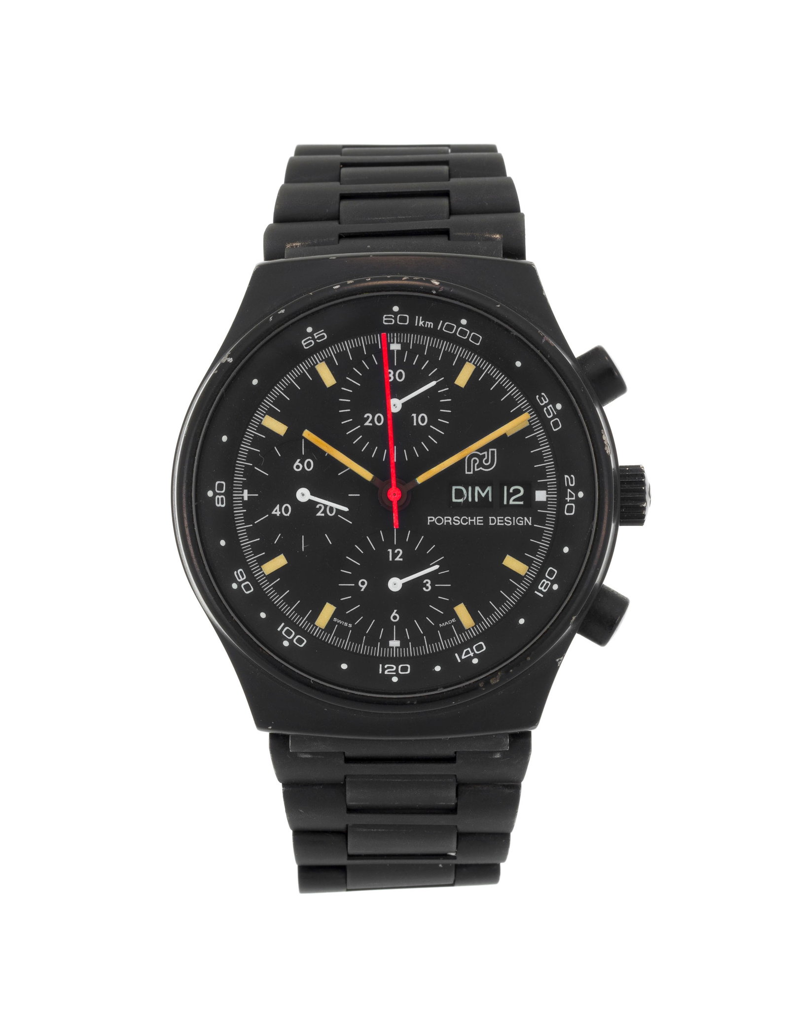 Porsche Design et Orfina, montre-bracelet chronographe en acier avec revêtement noir Mouvemen: Porsche Design et Orfina, montre-bracelet chronographe en acier avec revêtement noir Mouvement: cal. 7750, automatique, 25 rubis Boîtier: diam. 40 mm Complications: chronographe à 2