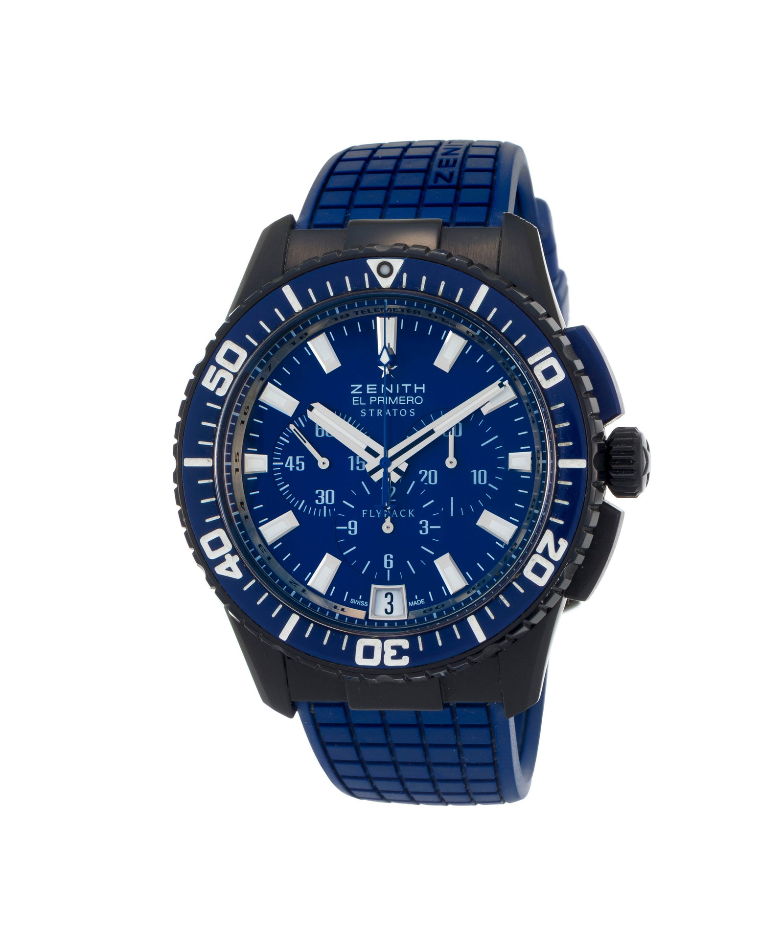 Zenith, El Primero Stratos Flyback Blue, réf. 24.2066.405, Ed. Limitée n°24/50, montr: Zenith, El Primero Stratos Flyback Blue, réf. 24.2066.405, Ed. Limitée n°24/50, montre chronographe en alchron noir Mouvement: cal. 405, automatique, 31 rubis, n°374770