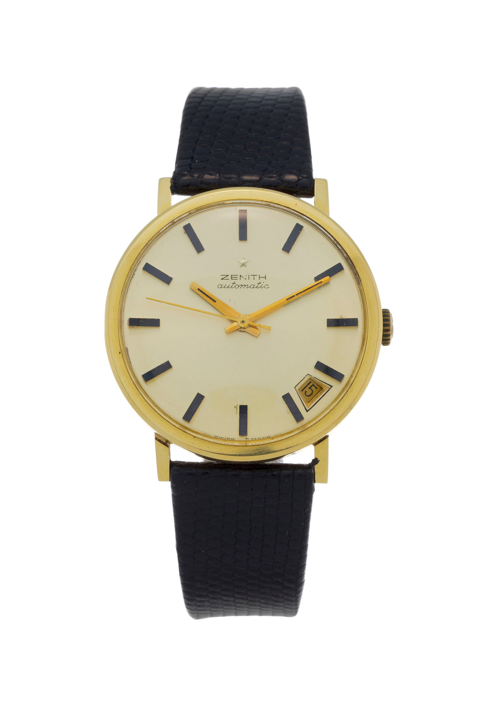 Zenith, montre en or 750 avec indication de la date, années 1970 Mouvement: cal. 2552 PC, aut: Zenith, montre en or 750 avec indication de la date, années 1970 Mouvement: cal. 2552 PC, automatique, 23 rubis Boîtier: n°109D504, diam. 35 mm Complication: date à guichet Bracele