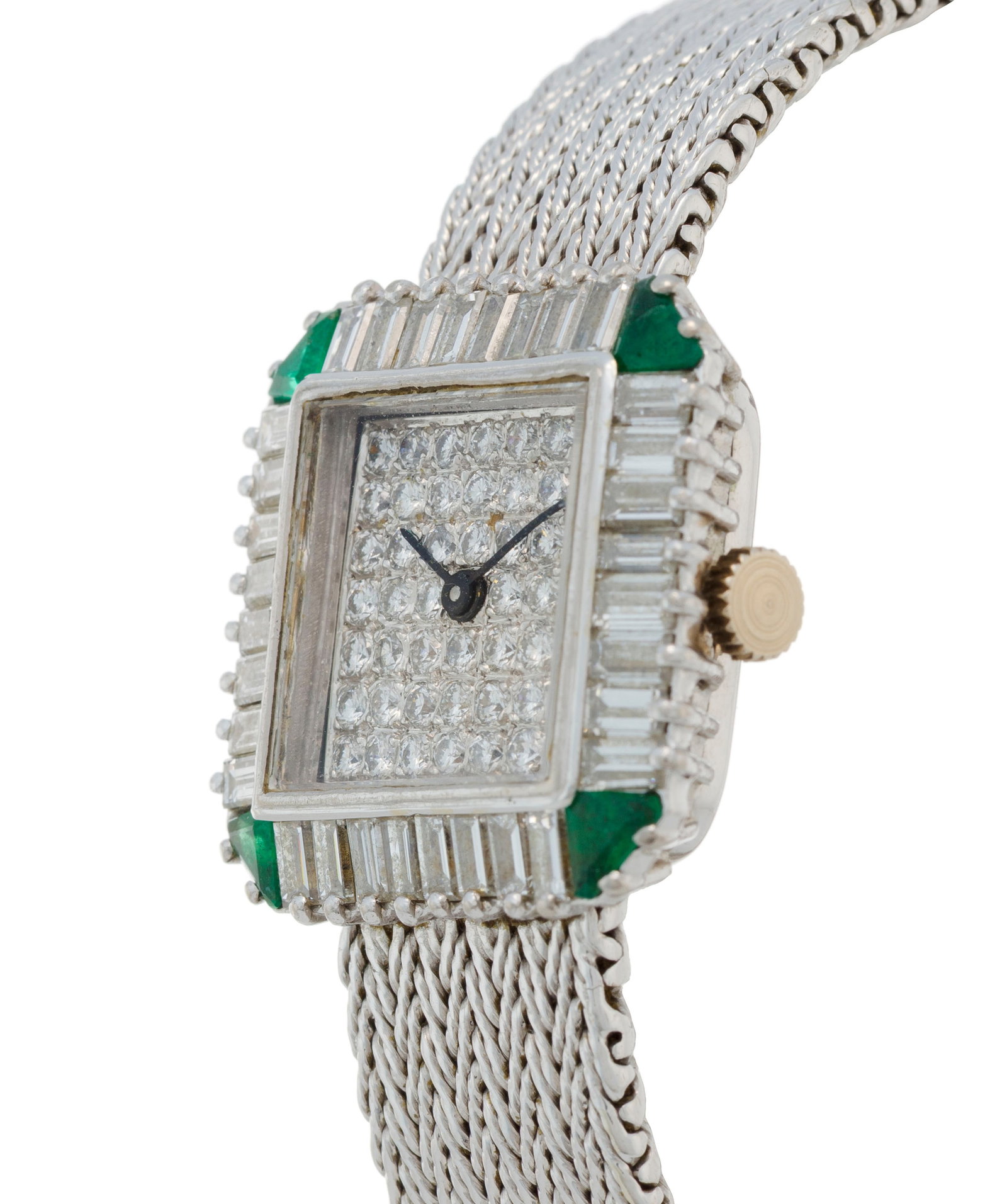 Montre-bracelet en or gris 750 sertie de diamants et d'émeraudes, années 1970-80 Mouveme - 2