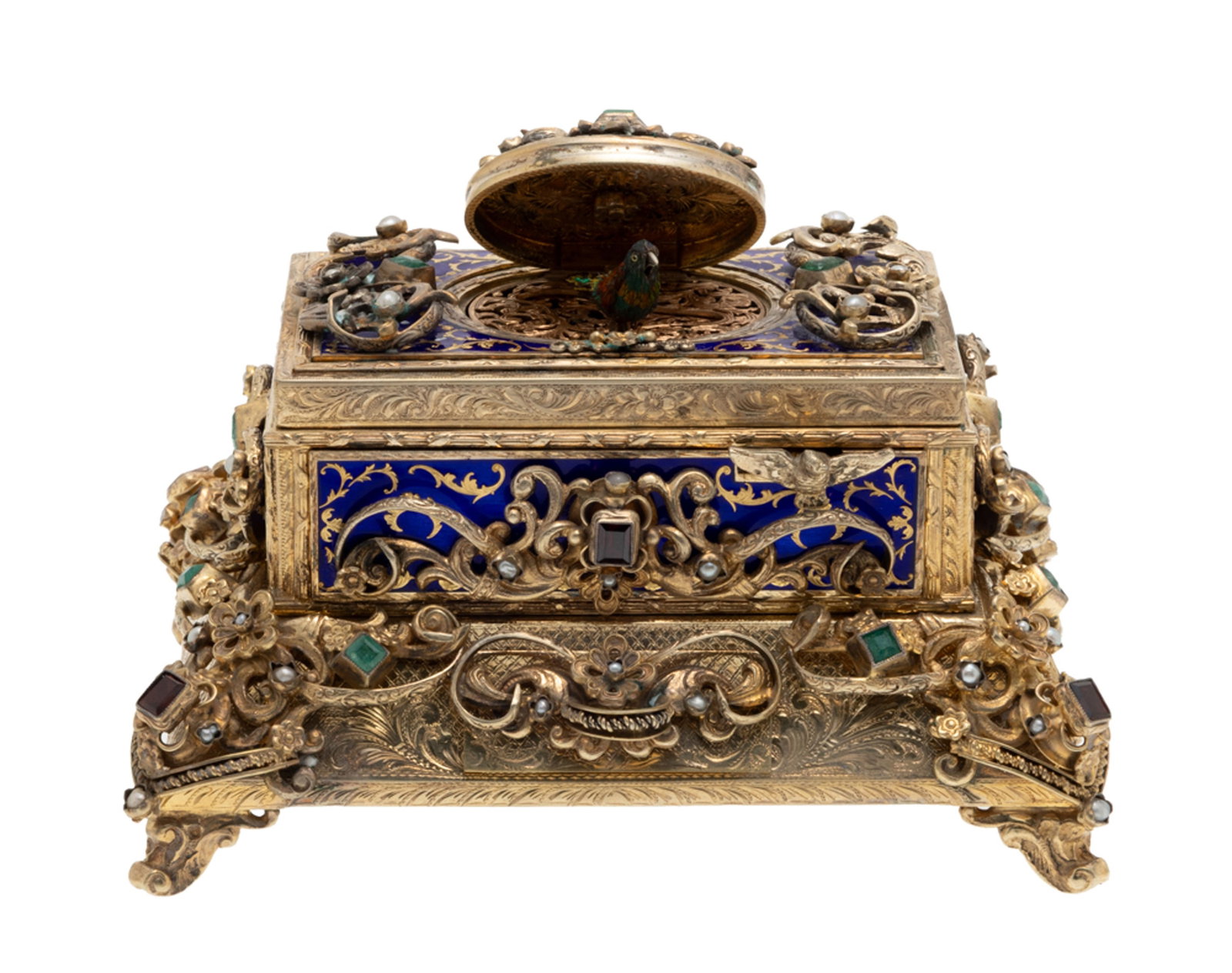 Boîte à oiseau chanteur en vermeil ciselé à riche décor de rinceaux sur fon - 2