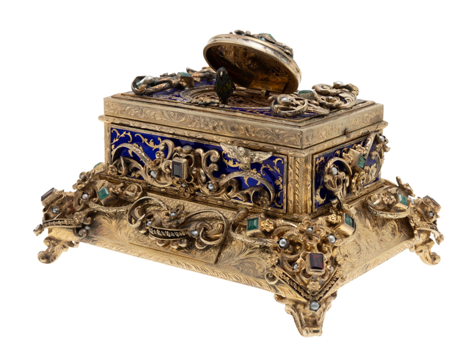 Boîte à oiseau chanteur en vermeil ciselé à riche décor de rinceaux sur fon - 3