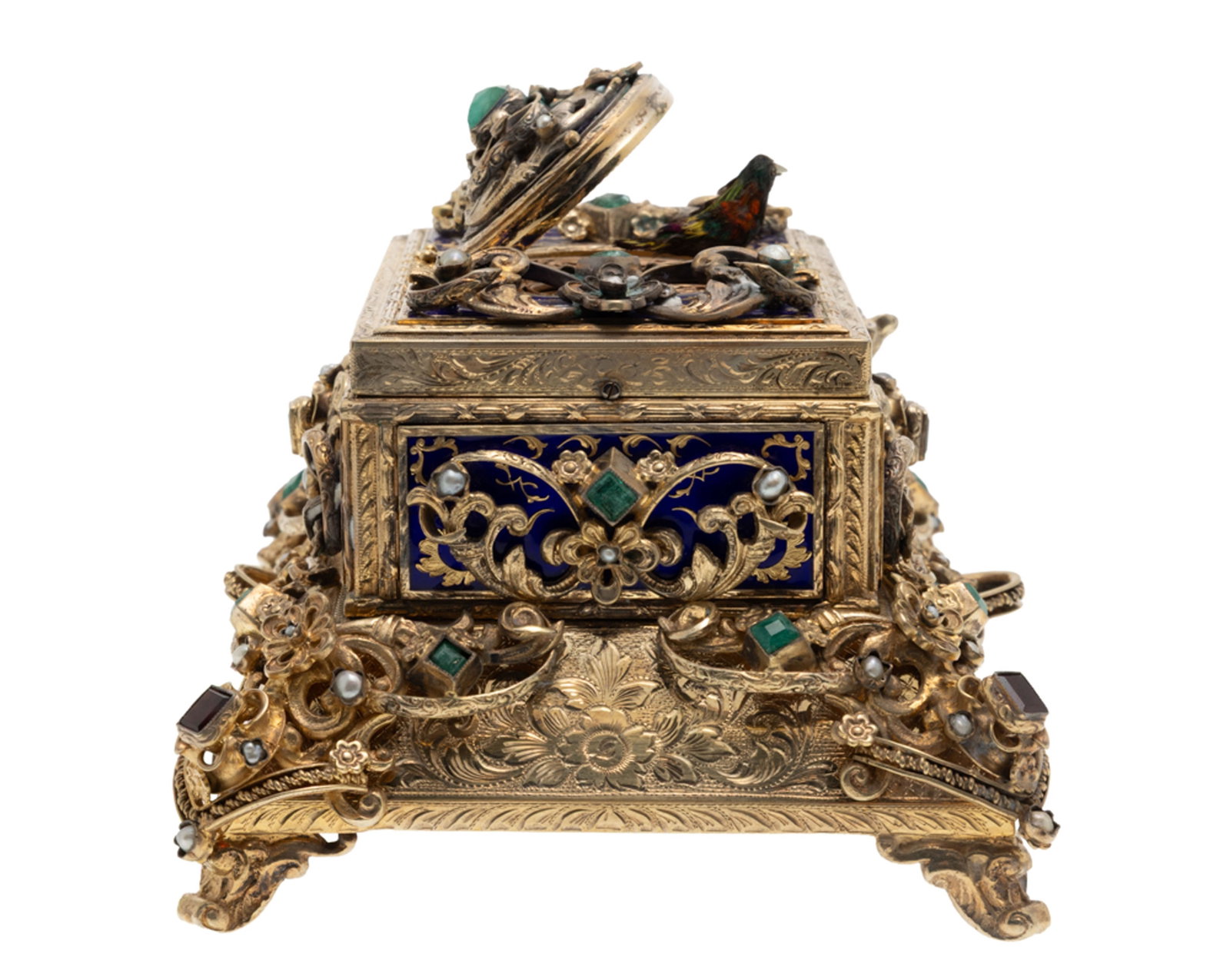 Boîte à oiseau chanteur en vermeil ciselé à riche décor de rinceaux sur fon - 4