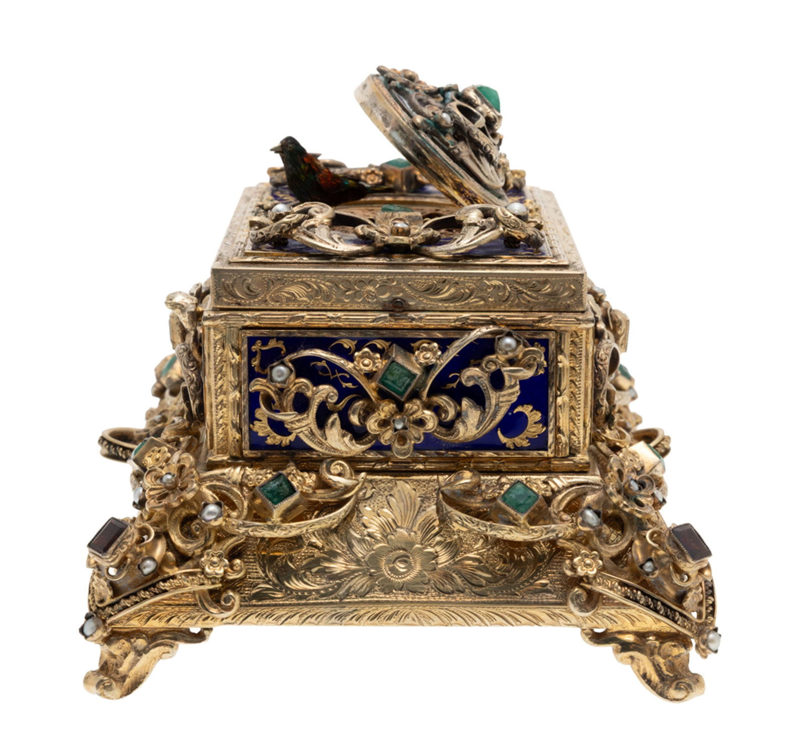 Boîte à oiseau chanteur en vermeil ciselé à riche décor de rinceaux sur fon - 5