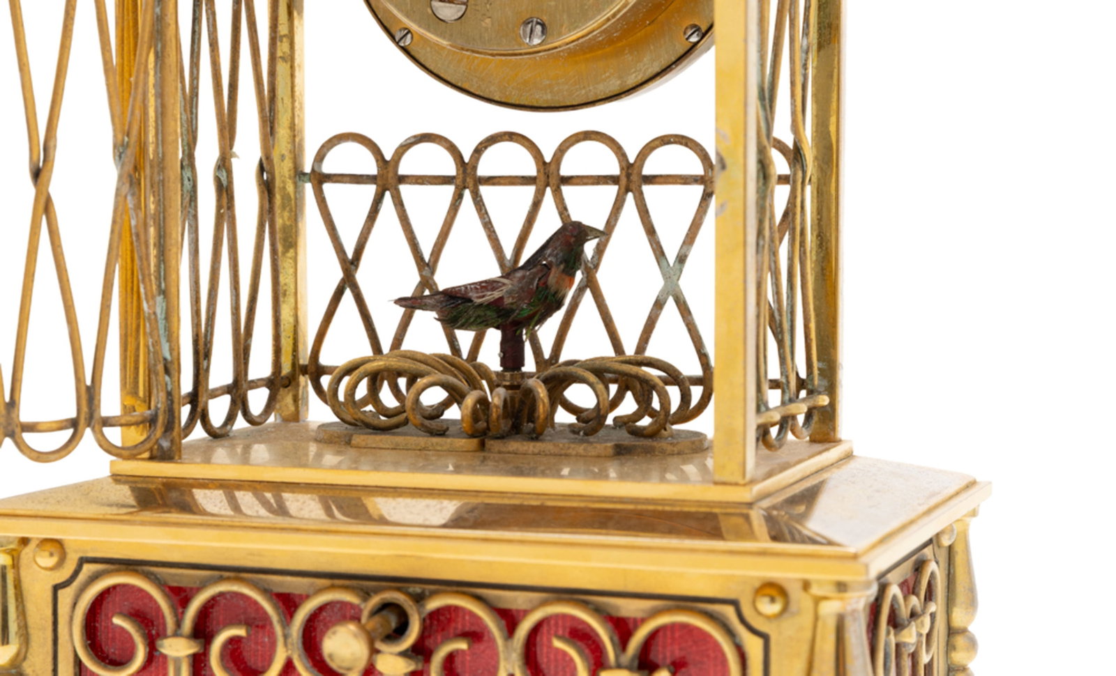 Imhof, pendulette en laiton doré surmontant un oiseau chanteur en plumes exotiques dans une cag - 5