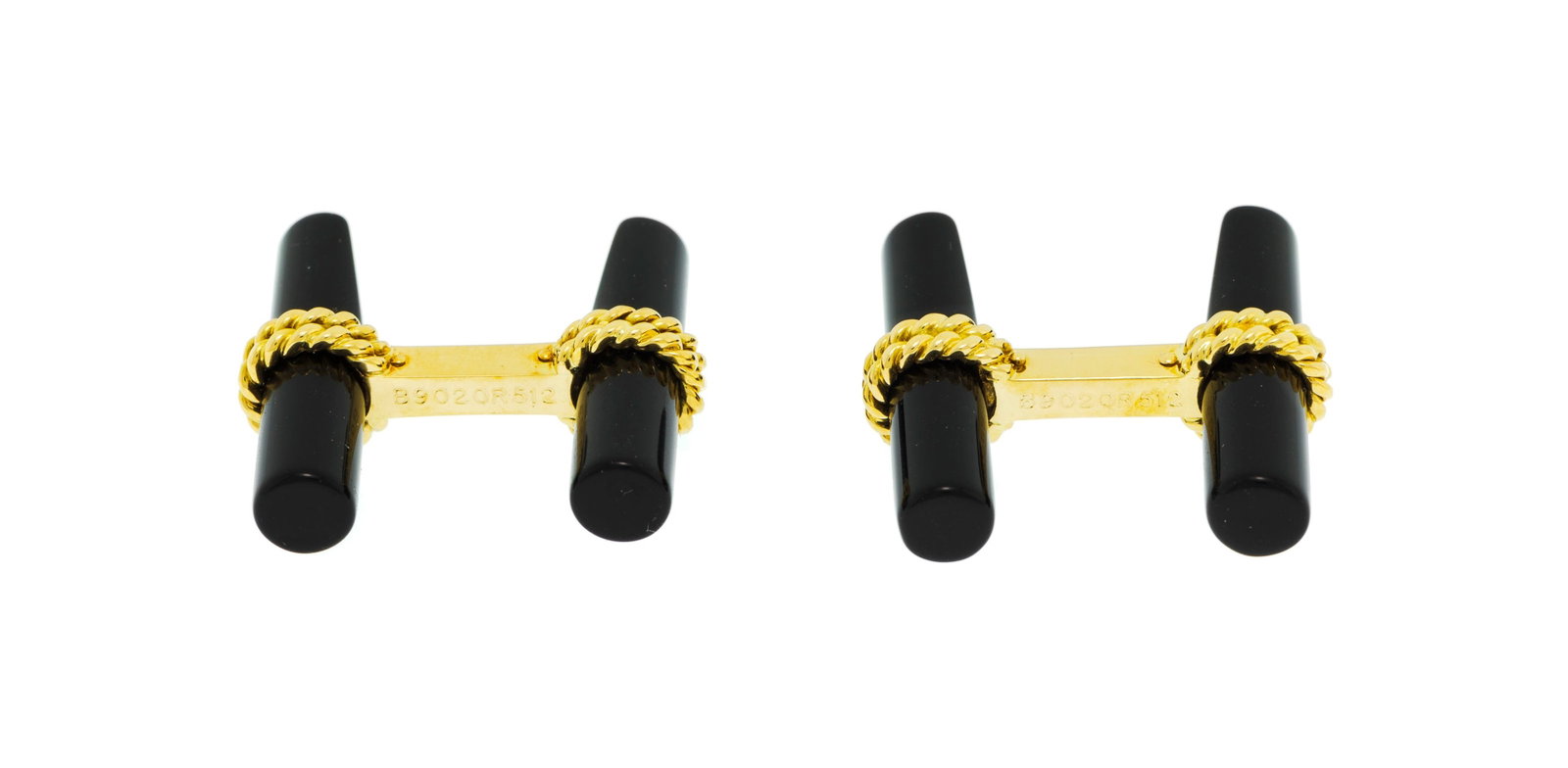 Van Cleef & Arpels, paire de boutons de manchette en or 750 avec deux paires de bâtonnets inter: Van Cleef & Arpels, paire de boutons de manchette en or 750 avec deux paires de bâtonnets interchangeables en onyx, signés, numérotés B9020R512, h. 2.1 cm, 8g, boîte