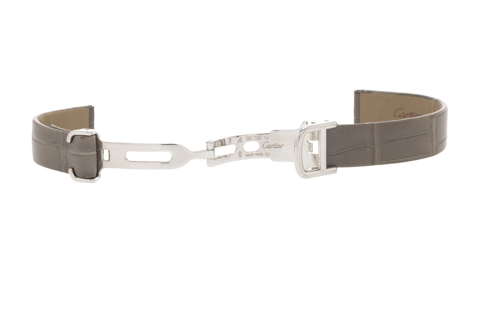 Cartier, boucle déployante en or gris 750 avec son bracelet en croco gris, signé, larg. ex - 3