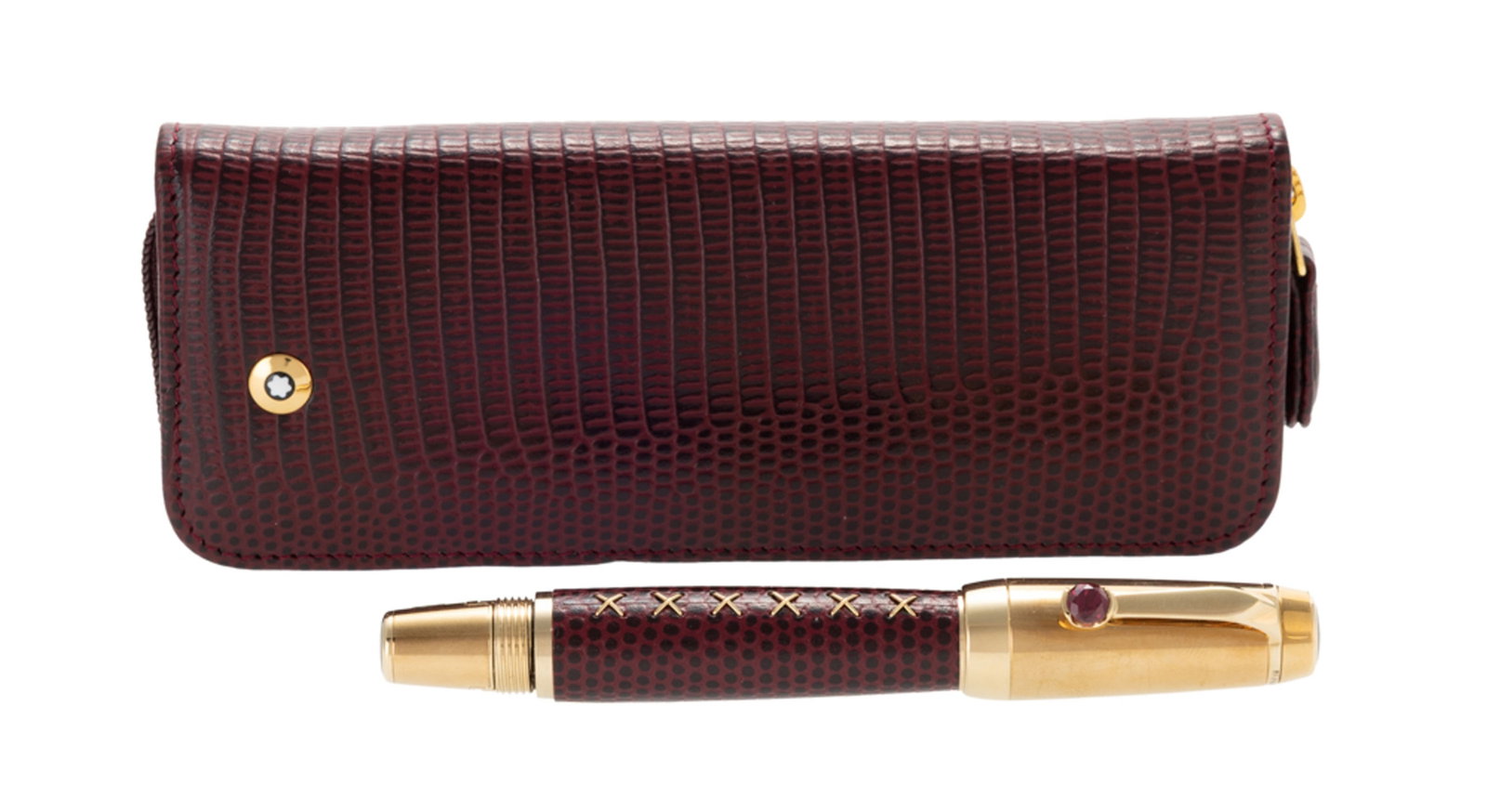 Montblanc, Boheme, stylo plume rétractable en métal doré et cuir serti d'un grenat, b - 3