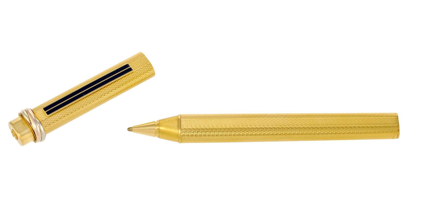 Cartier, stylo bille en métal doré avec l'agrafe en laque bleue, signé, numérot& - 2