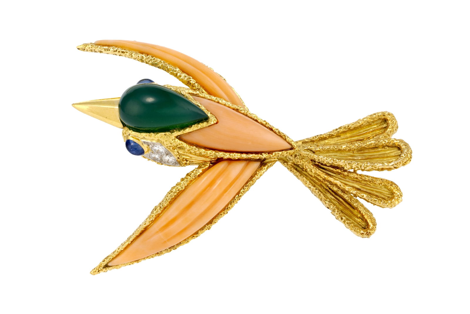 Patek Philippe, broche oiseau années 1960-70 or 750 texturé et corail godronné, la t& - 3