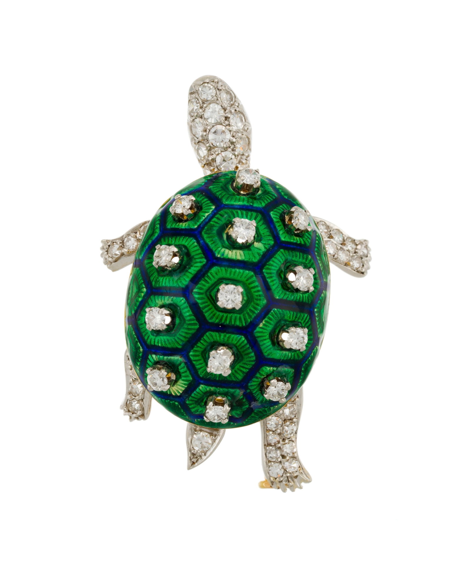 Boucheron, broche tortue années 1950-60 or 750 et platine ornée d'émail vert et bleu  - 6