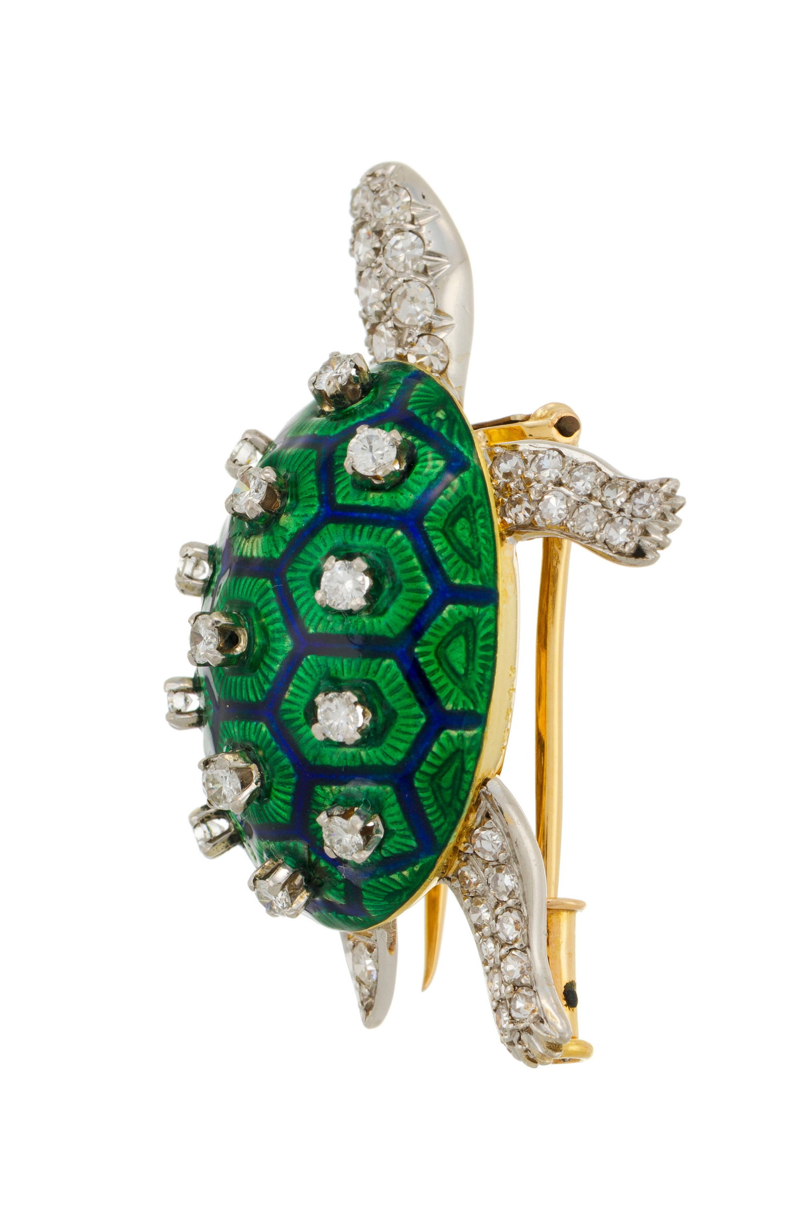 Boucheron, broche tortue années 1950-60 or 750 et platine ornée d'émail vert et bleu  - 7
